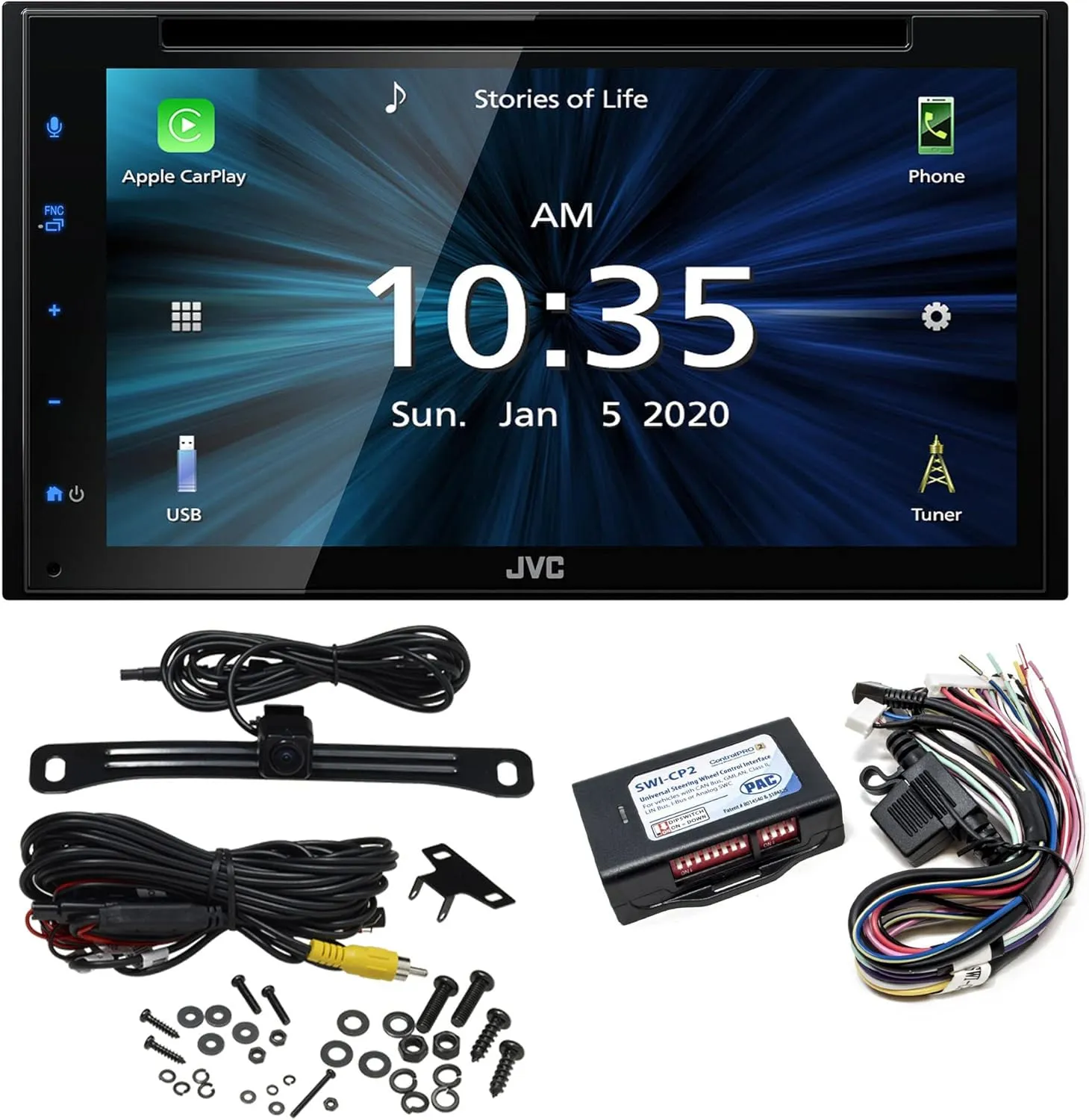 JVC KW-V660BT 6.8" Touchscreen Receiver Compatible with Apple CarPlay & Android Auto Bundled with Back Up Camera and Steering Wheel Interface