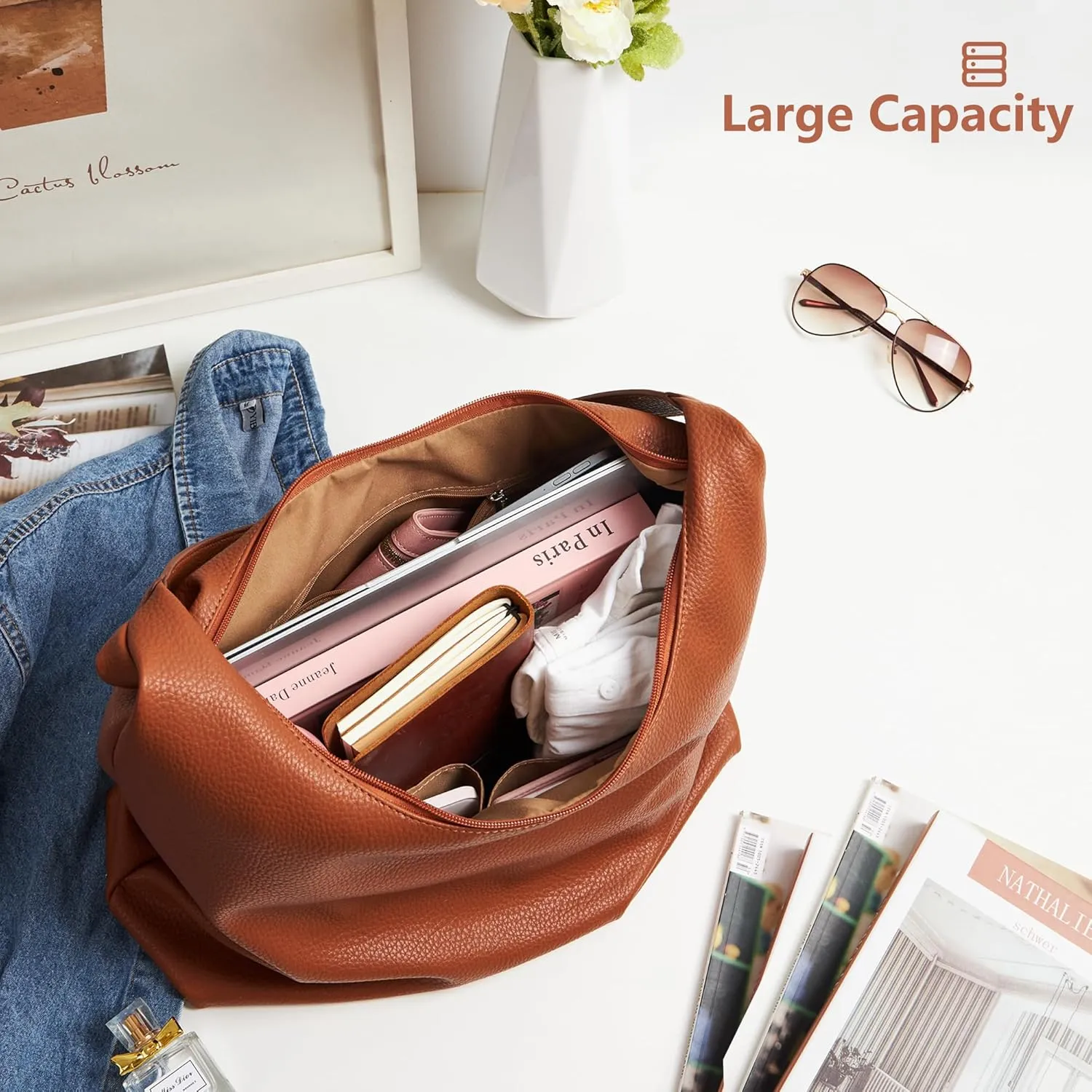 KALIDI Casual Tote Bag Vegan Leather Hobo Zipper Work Bag Weekender Shoulder for Women Shoulder Travel Purse