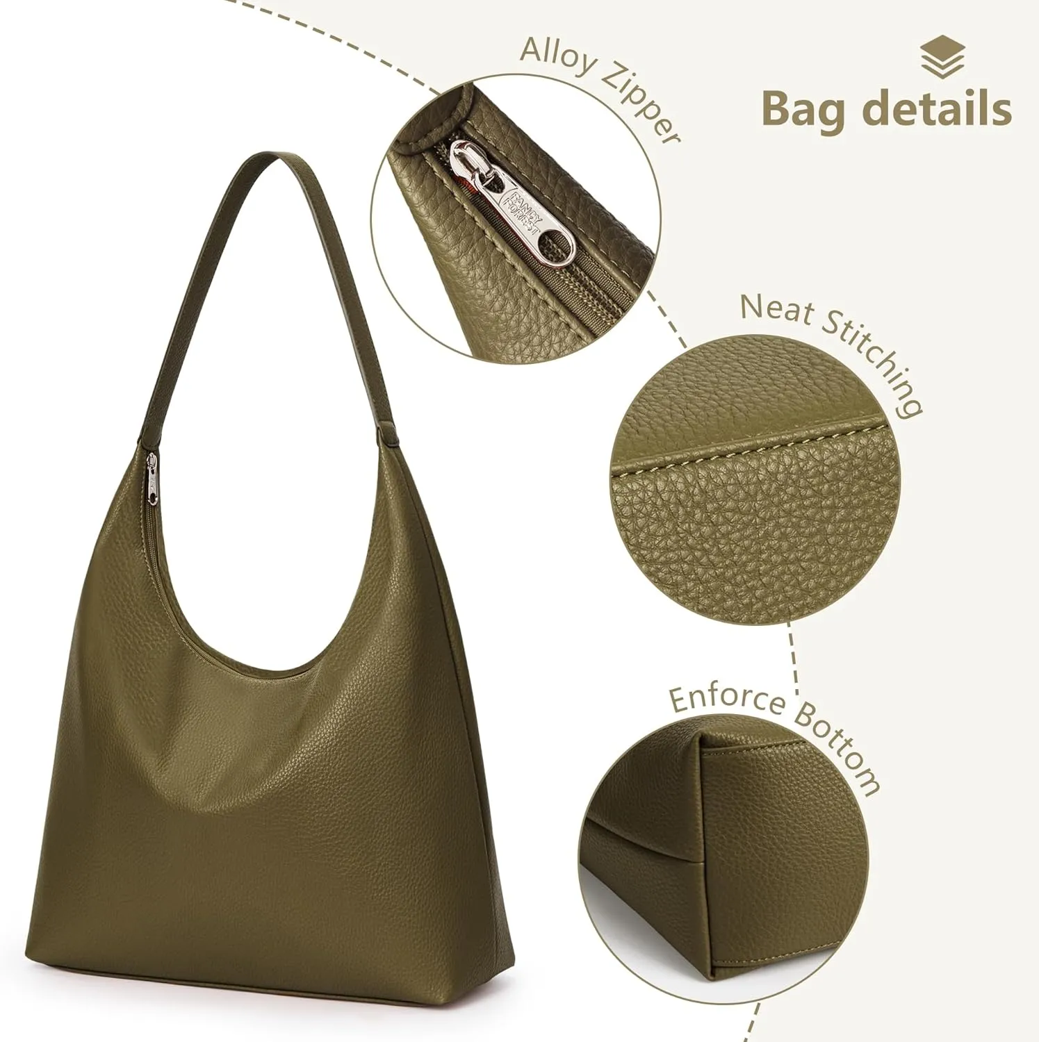 KALIDI Casual Tote Bag Vegan Leather Hobo Zipper Work Bag Weekender Shoulder for Women Shoulder Travel Purse