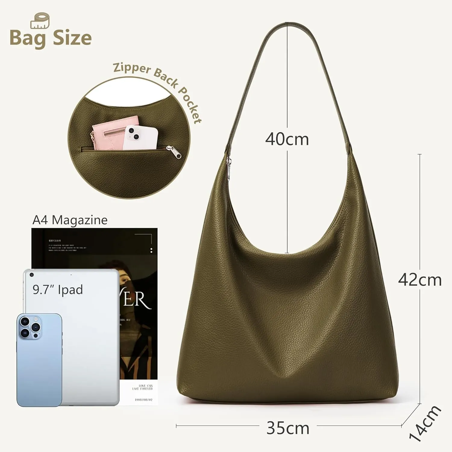 KALIDI Casual Tote Bag Vegan Leather Hobo Zipper Work Bag Weekender Shoulder for Women Shoulder Travel Purse