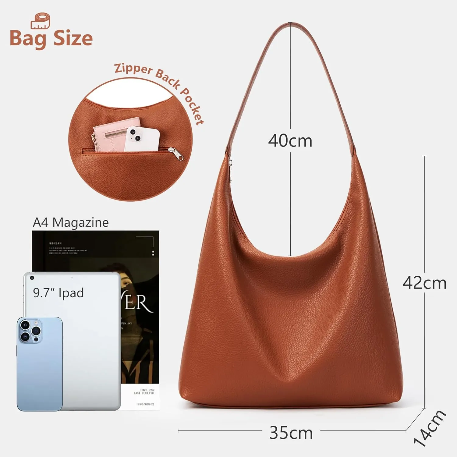 KALIDI Casual Tote Bag Vegan Leather Hobo Zipper Work Bag Weekender Shoulder for Women Shoulder Travel Purse