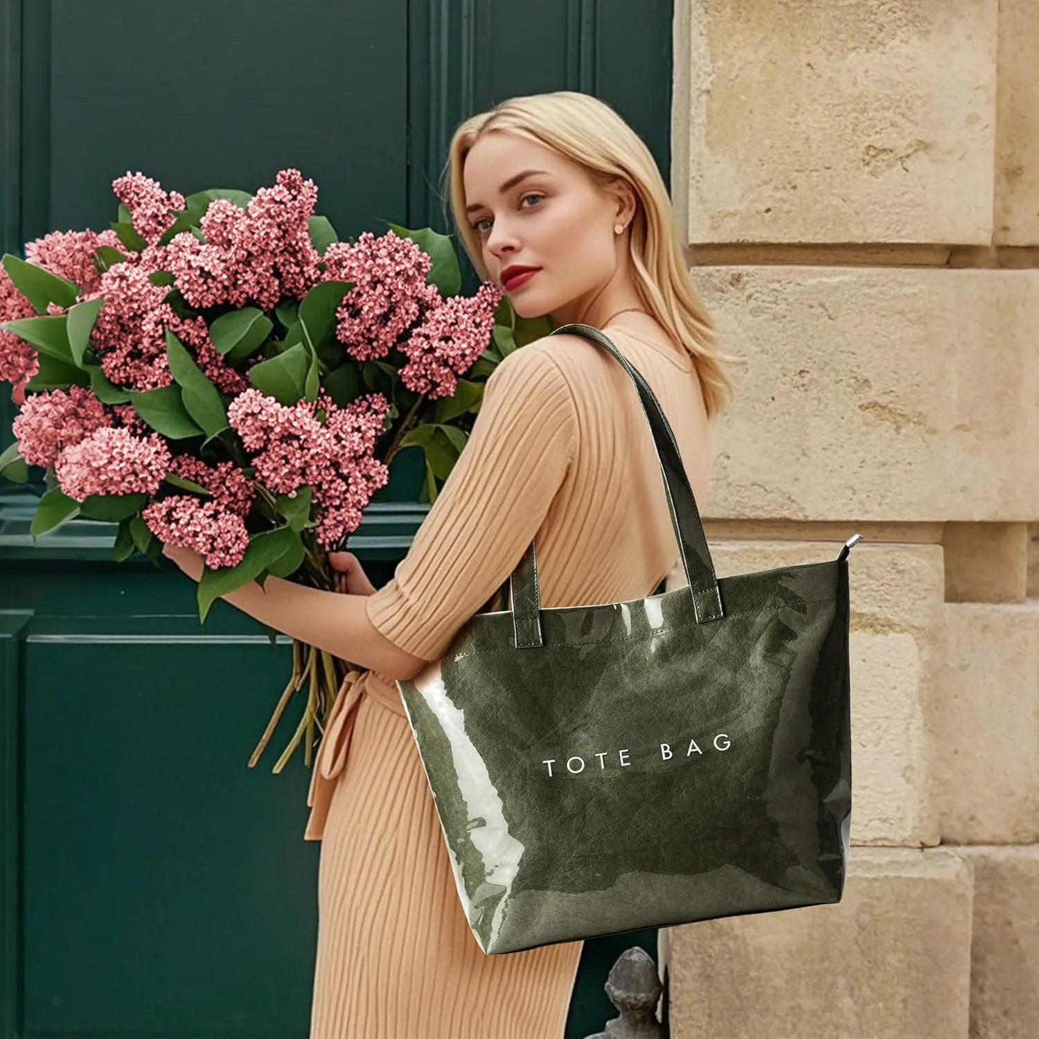 KALIDI Kraft Paper Tote Bag, Ultra Clear TPU Beach Bag Zipper Hobo Handbag Vintage Large Carry All Plastic Shoulder Bag