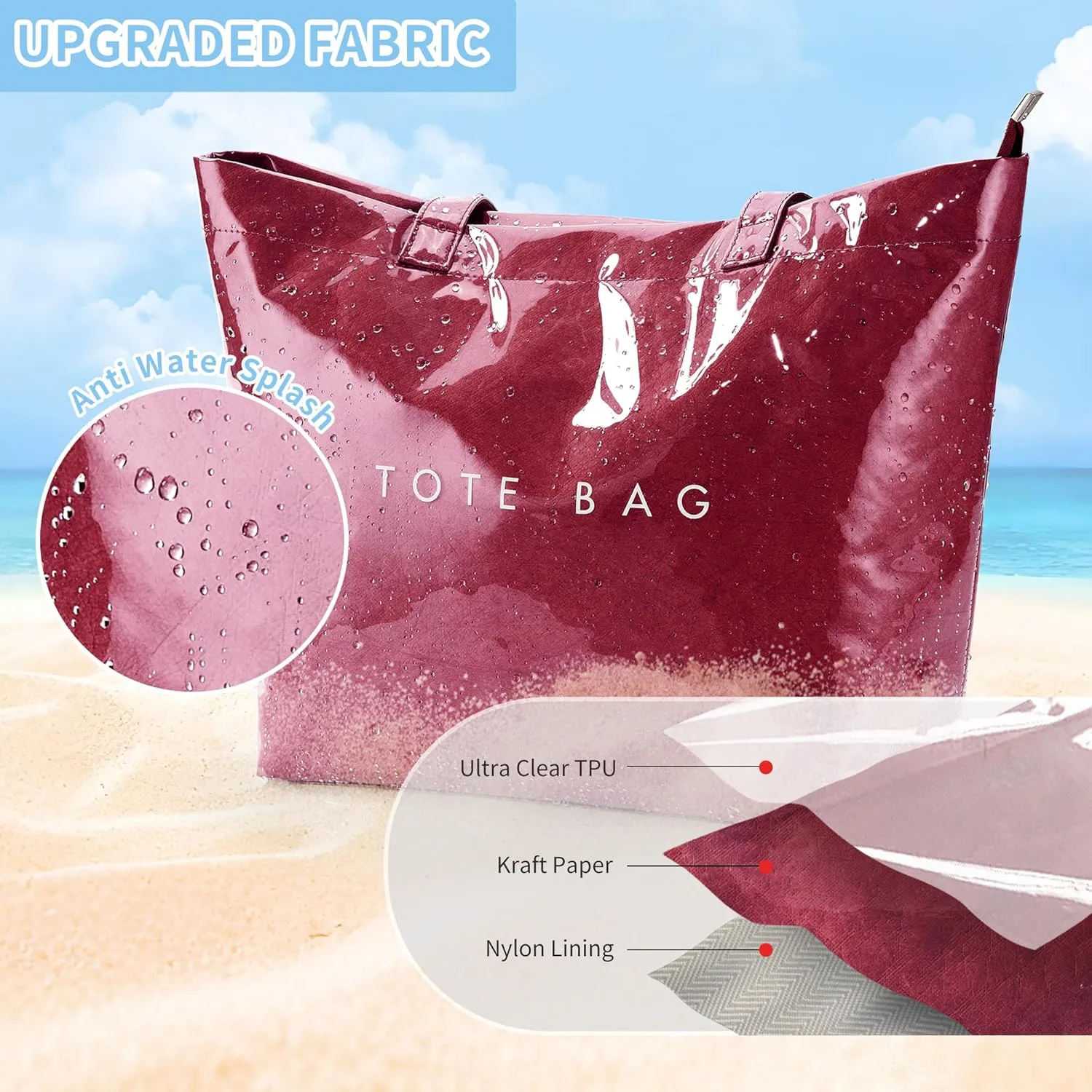 KALIDI Kraft Paper Tote Bag, Ultra Clear TPU Beach Bag Zipper Hobo Handbag Vintage Large Carry All Plastic Shoulder Bag