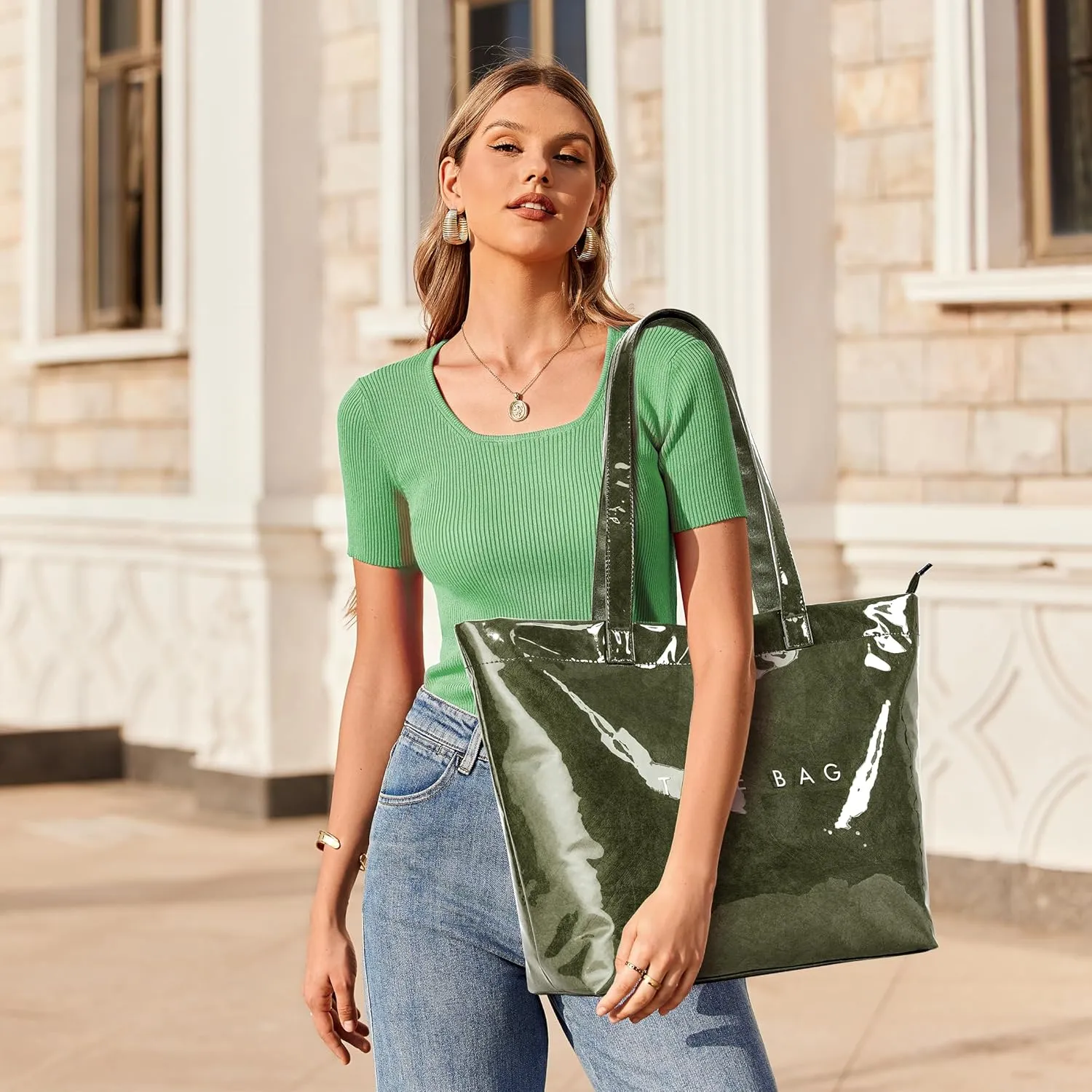 KALIDI Kraft Paper Tote Bag, Ultra Clear TPU Beach Bag Zipper Hobo Handbag Vintage Large Carry All Plastic Shoulder Bag