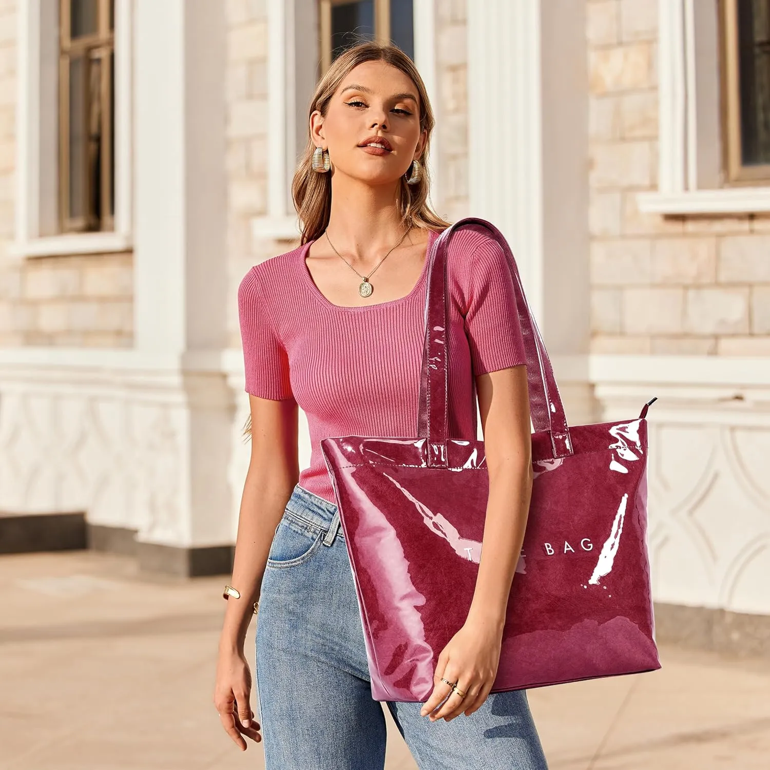 KALIDI Kraft Paper Tote Bag, Ultra Clear TPU Beach Bag Zipper Hobo Handbag Vintage Large Carry All Plastic Shoulder Bag
