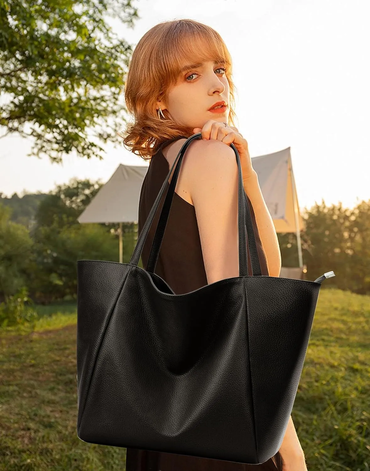 KALIDI Large Tote Bag Vegan Leather Casual Zipper Work Bag Weekender Hobo for Women 23L Oversize Shoulder Travel Purse