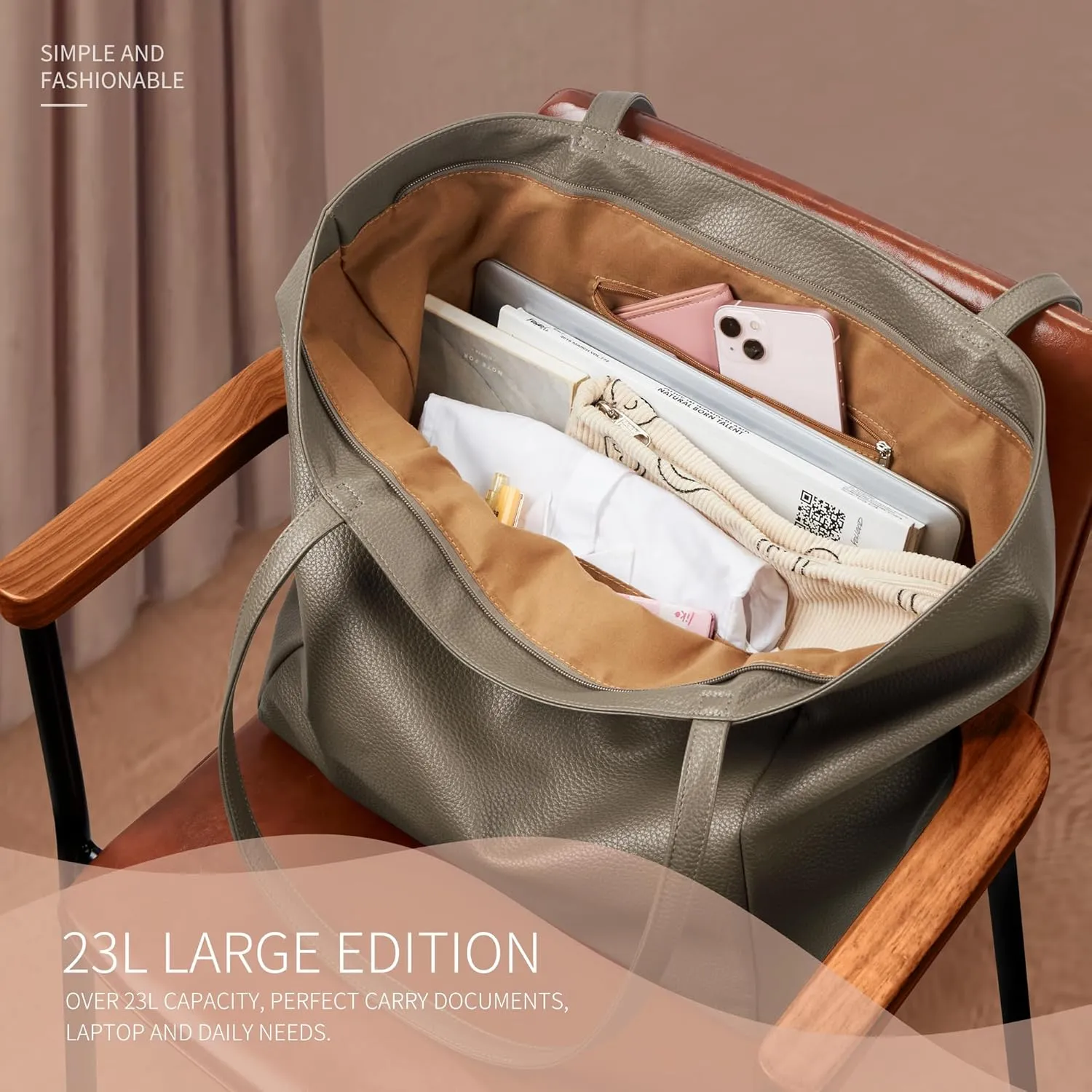 KALIDI Large Tote Bag Vegan Leather Casual Zipper Work Bag Weekender Hobo for Women 23L Oversize Shoulder Travel Purse