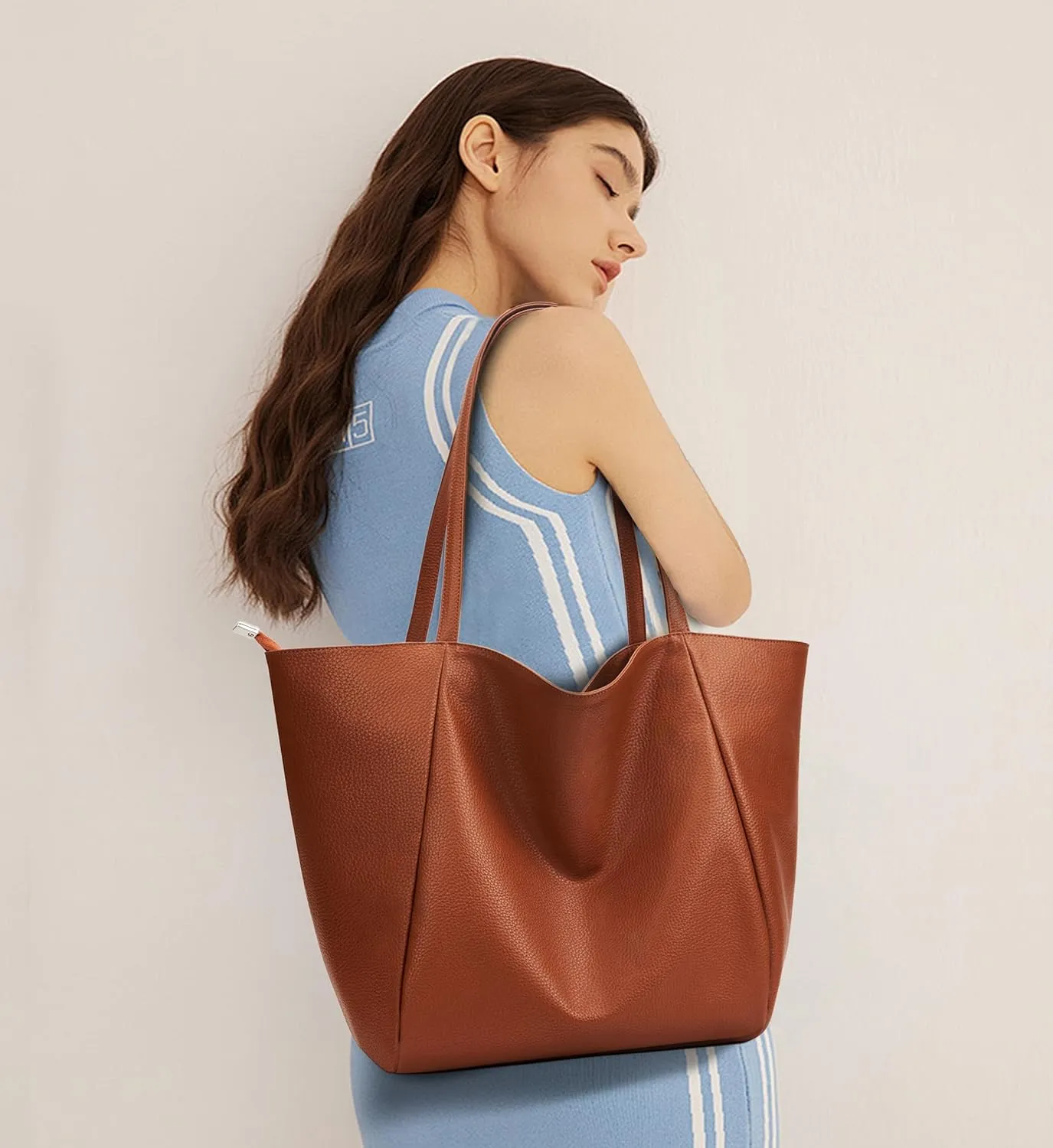 KALIDI Large Tote Bag Vegan Leather Casual Zipper Work Bag Weekender Hobo for Women 23L Oversize Shoulder Travel Purse