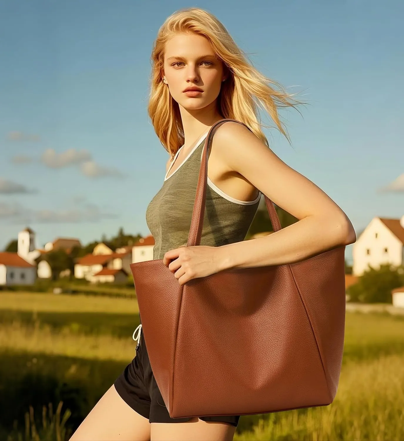 KALIDI Large Tote Bag Vegan Leather Casual Zipper Work Bag Weekender Hobo for Women 23L Oversize Shoulder Travel Purse
