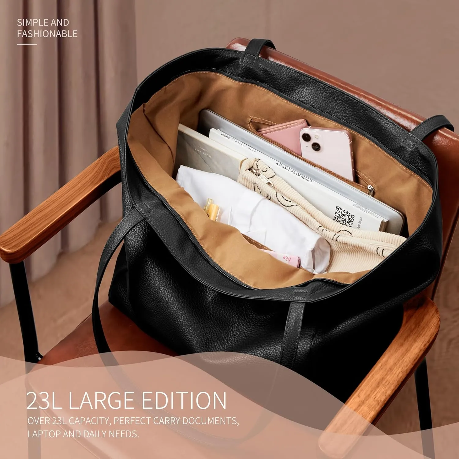 KALIDI Large Tote Bag Vegan Leather Casual Zipper Work Bag Weekender Hobo for Women 23L Oversize Shoulder Travel Purse
