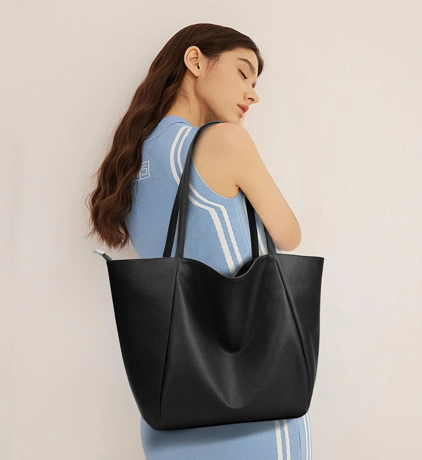KALIDI Large Tote Bag Vegan Leather Casual Zipper Work Bag Weekender Hobo for Women 23L Oversize Shoulder Travel Purse