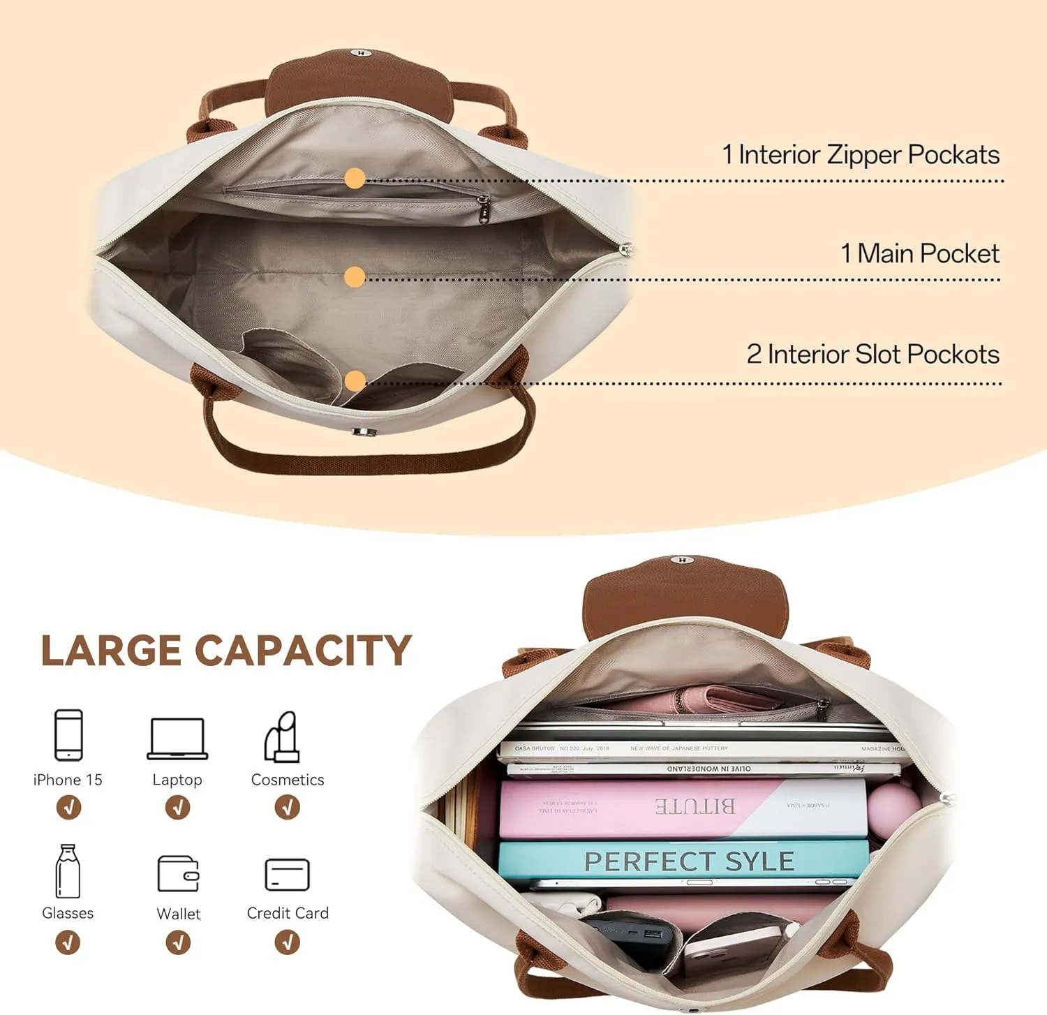 KALIDI Tote Bag for Women Nylon Top-Handle Purse,Shoulder Hobo Handbag with Zipper Leisure Foldable Weekend