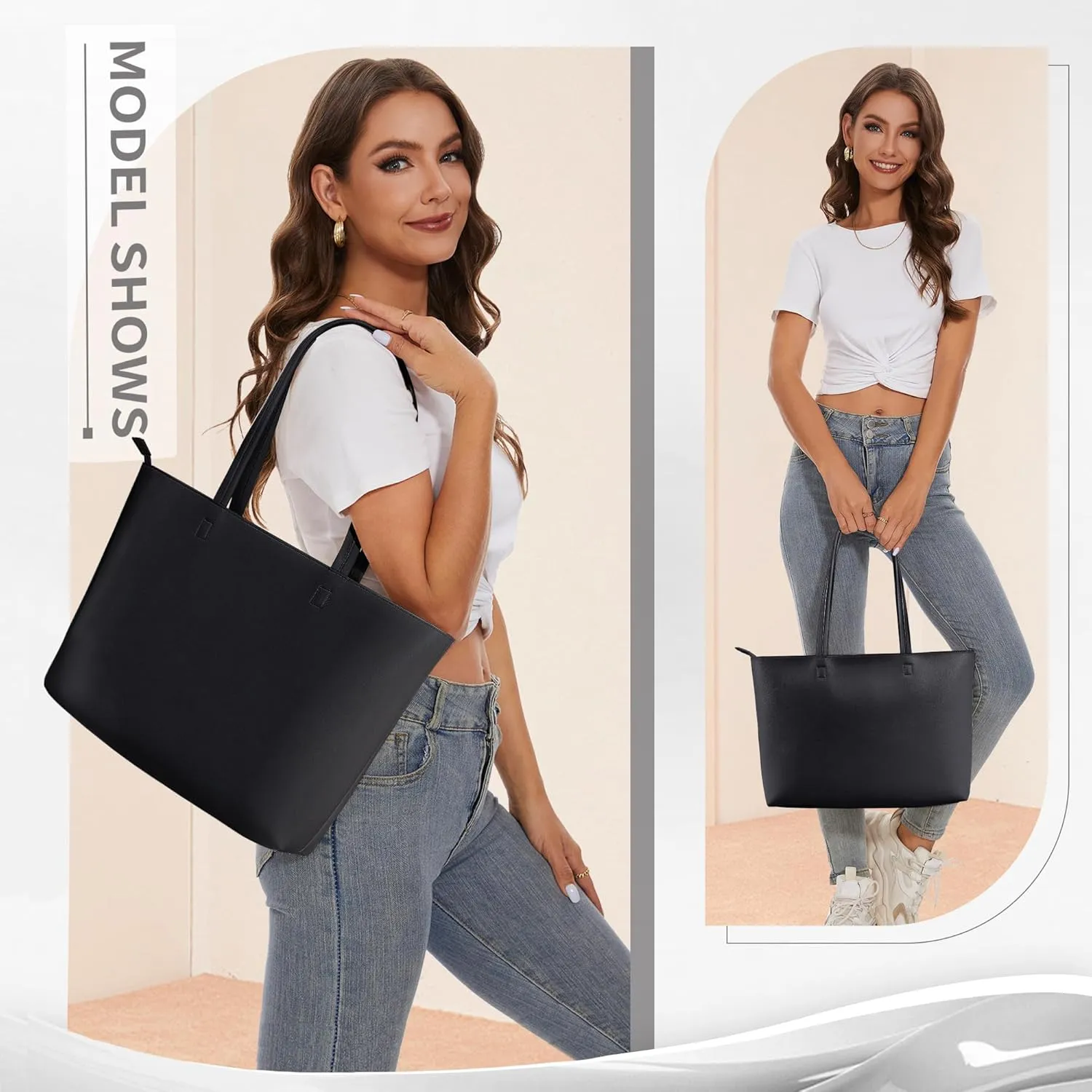 KALIDI Tote Bag Zipper Shoulder Bag Faux Leather Purses Satchel for Women Large Casual Handbag Work Dating College