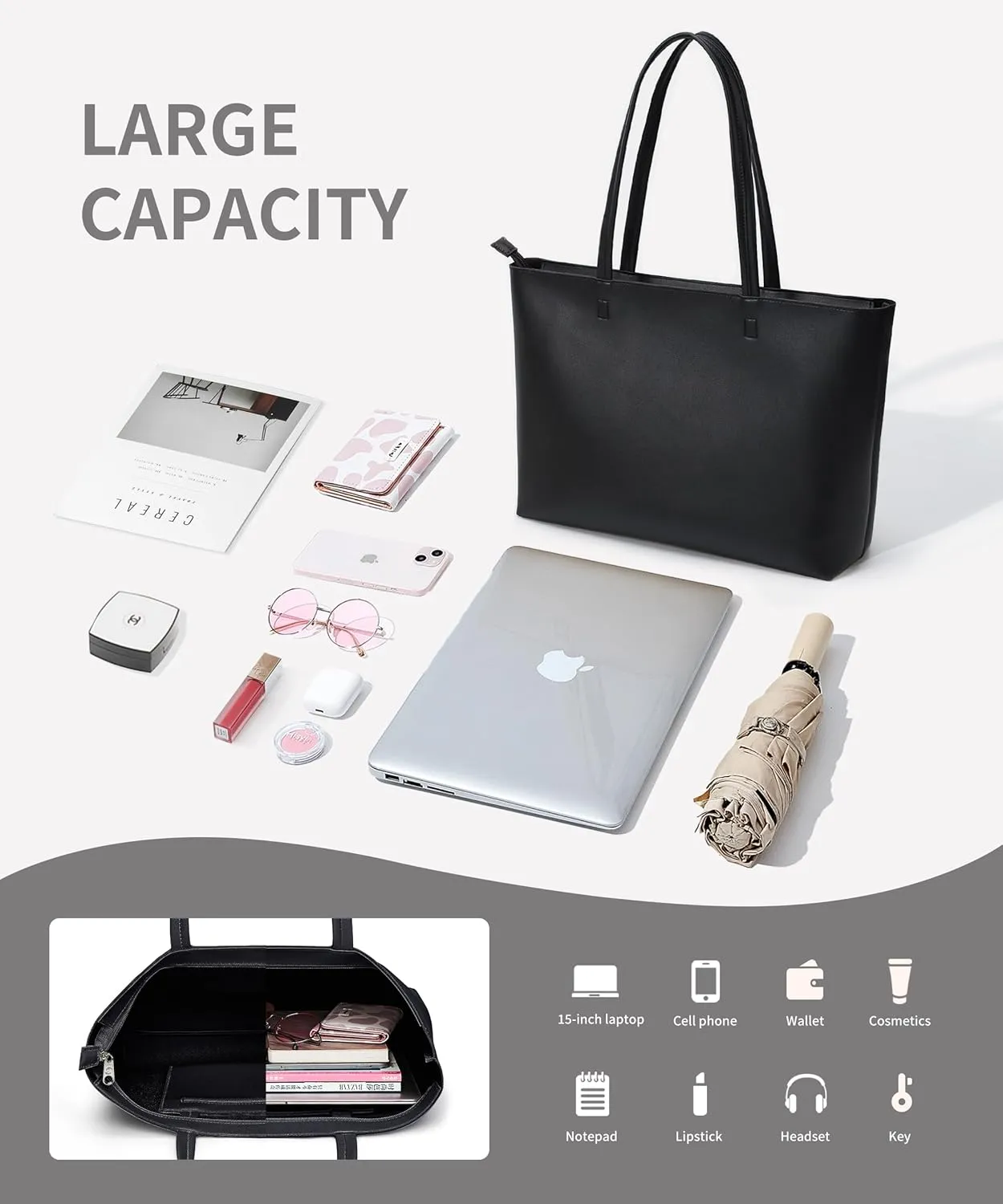 KALIDI Tote Bag Zipper Shoulder Bag Faux Leather Purses Satchel for Women Large Casual Handbag Work Dating College