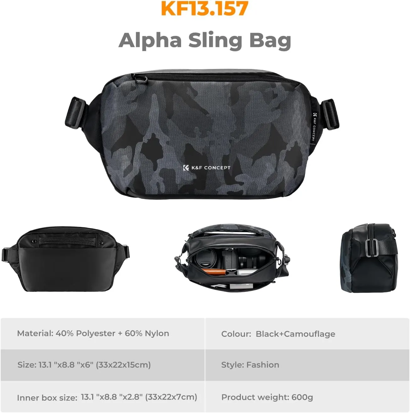 K&F Concept 2 in 1 Sling Bag Everyday Shoulder Bag & Multifunction Photography Crossbody Camera DSLR Backpack Portable Bag