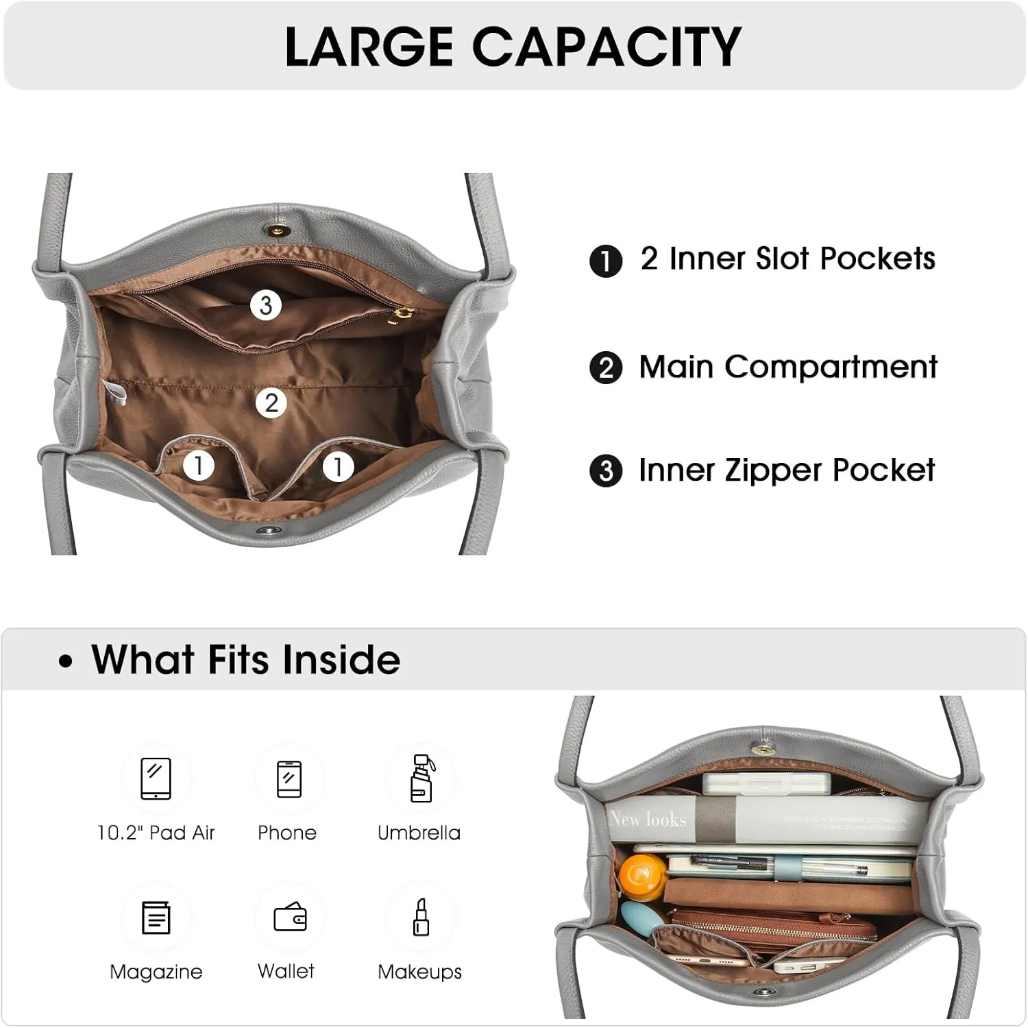 Kattee Leather Tote Bags for Women, Casual Shoulder Hobo Purses and Handbags, Top Magnetic Snap Closure