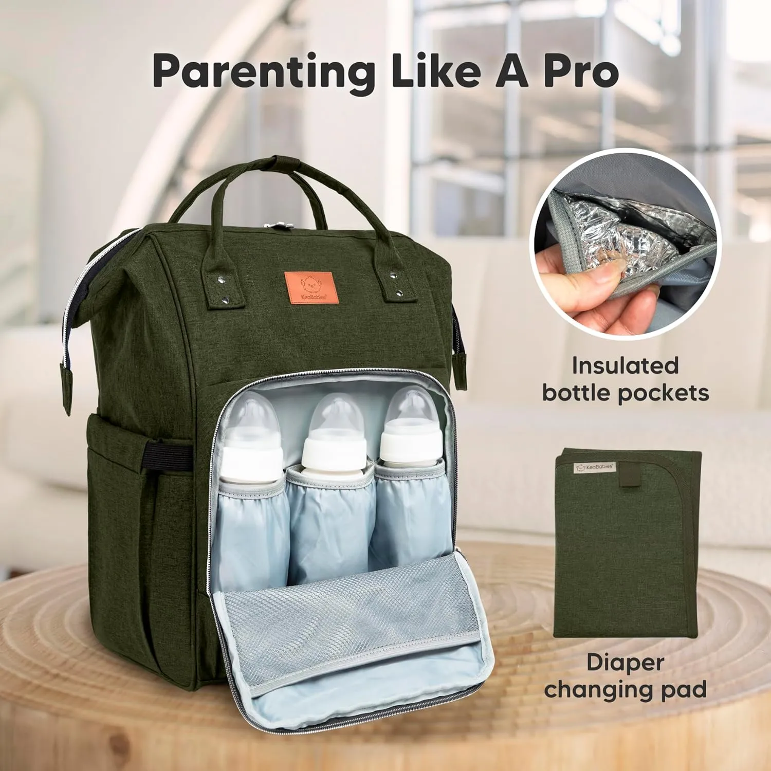KeaBabies Baby Diaper Bag Backpack - Large Baby Bag for Boys, Girls, Waterproof Multi Function Travel Diaper Backpack with Changing Pad, Durable Travel Essentials for Moms and Dads (Dark Olive)