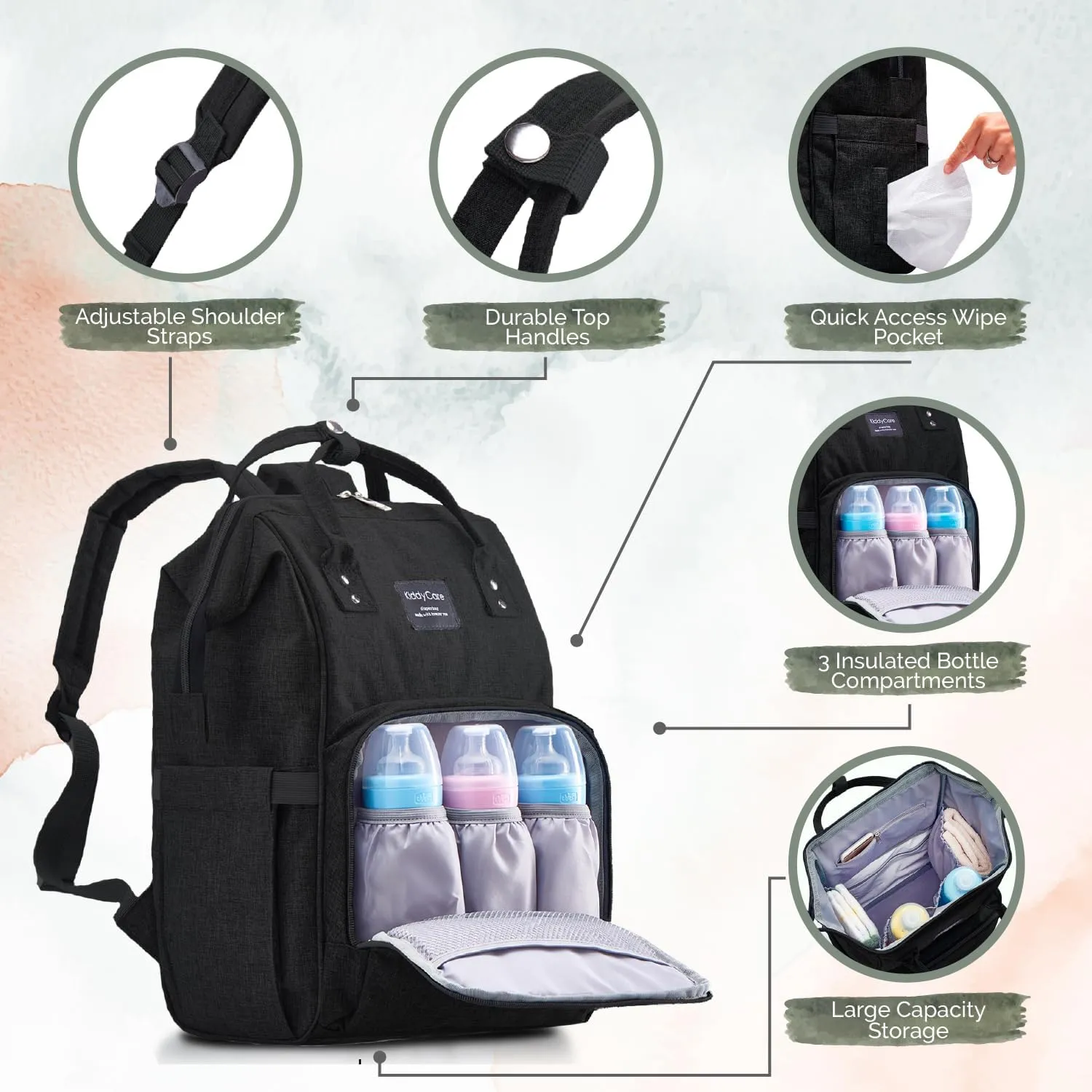 KiddyCare Diaper Bag Backpack | Baby Diaper Bags with Changing Station for Mom | Travel Backpack Waterproof Tote Bag for Maternity Baby Bags with Multiple Uses Large, Fashionable, Unisex | Black