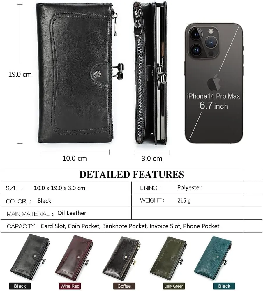 Kiss Lock Wallet for Women Leather Vintage Kiss Clasp Wallet Coin Purse RFID Bifold Wallet Card Phone Holder