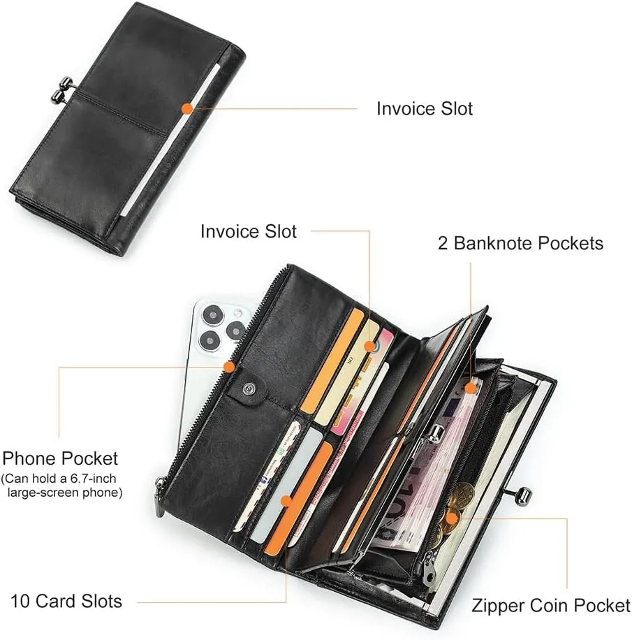 Kiss Lock Wallet for Women Leather Vintage Kiss Clasp Wallet Coin Purse RFID Bifold Wallet Card Phone Holder