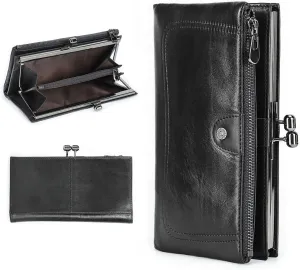Kiss Lock Wallet for Women Leather Vintage Kiss Clasp Wallet Coin Purse RFID Bifold Wallet Card Phone Holder