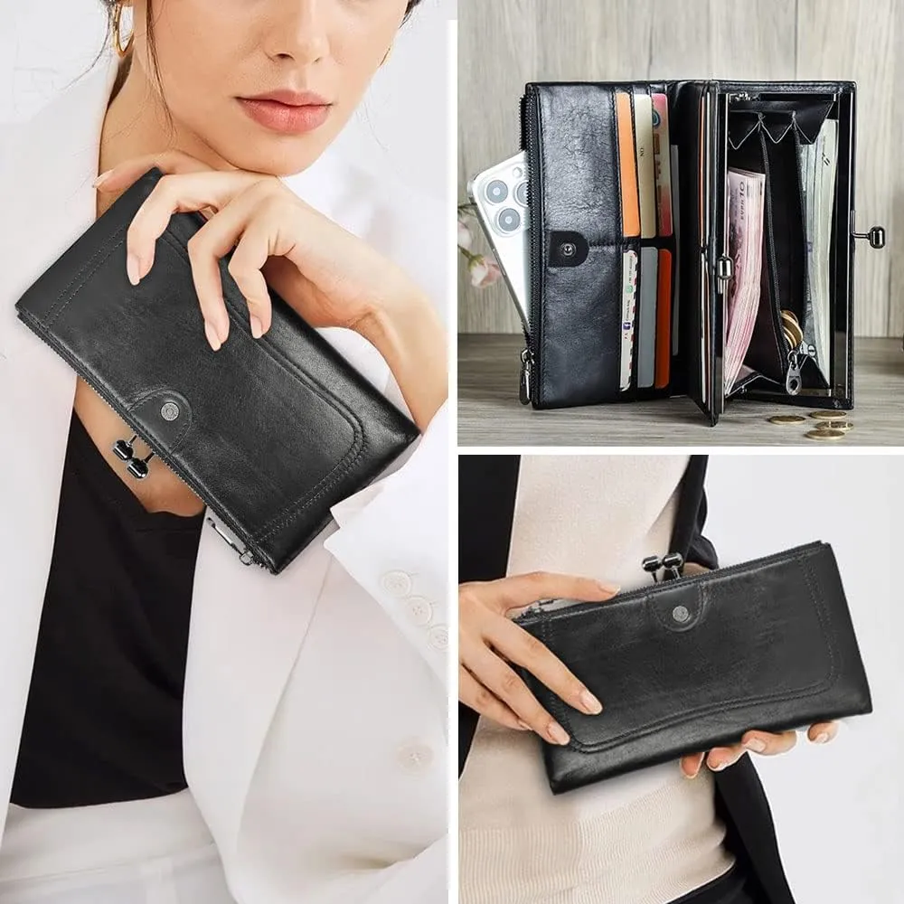 Kiss Lock Wallet for Women Leather Vintage Kiss Clasp Wallet Coin Purse RFID Bifold Wallet Card Phone Holder