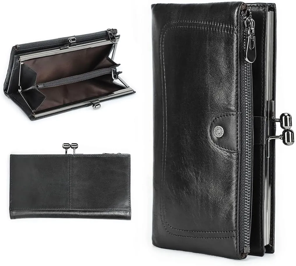 Kiss Lock Wallet for Women Leather Vintage Kiss Clasp Wallet Coin Purse RFID Bifold Wallet Card Phone Holder