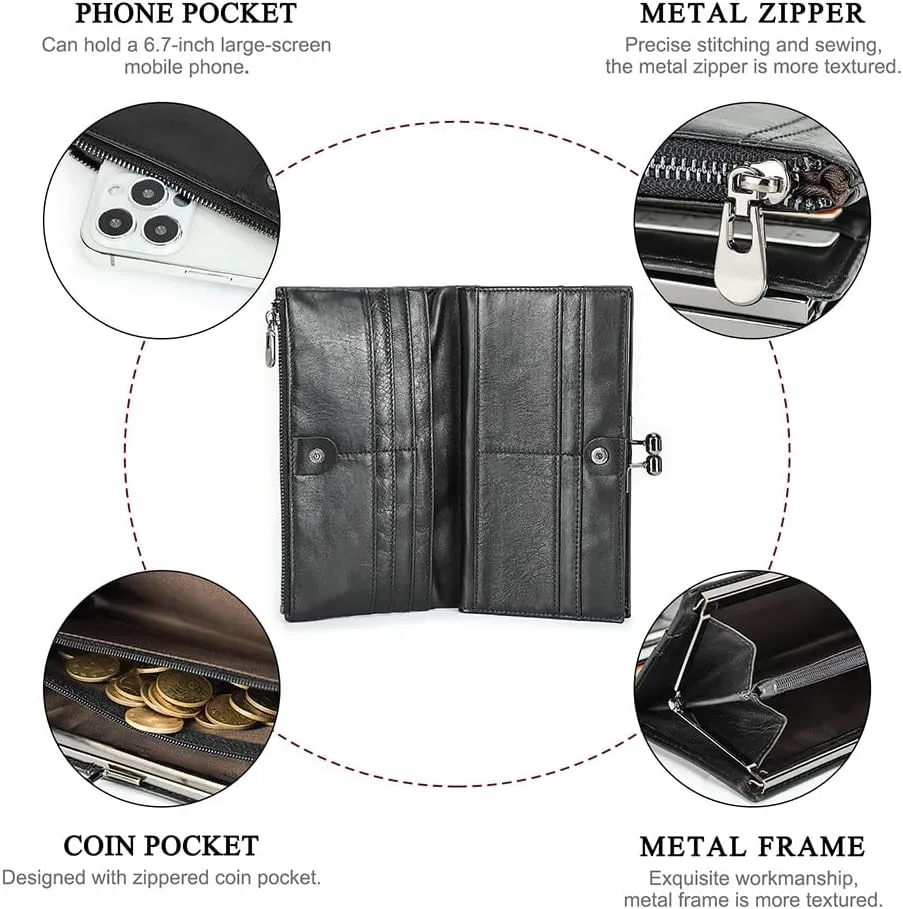 Kiss Lock Wallet for Women Leather Vintage Kiss Clasp Wallet Coin Purse RFID Bifold Wallet Card Phone Holder
