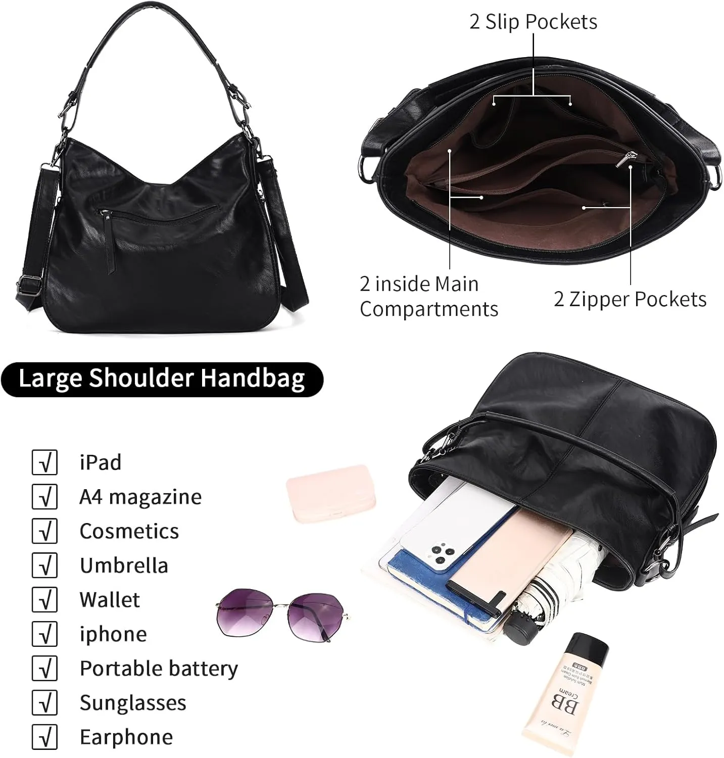 KL928 Large Purses for Women PU Leather Shoulder Handbag Crossbody Hobo Bags Ladies Tote Bags with Adjustable Shoulder Strap
