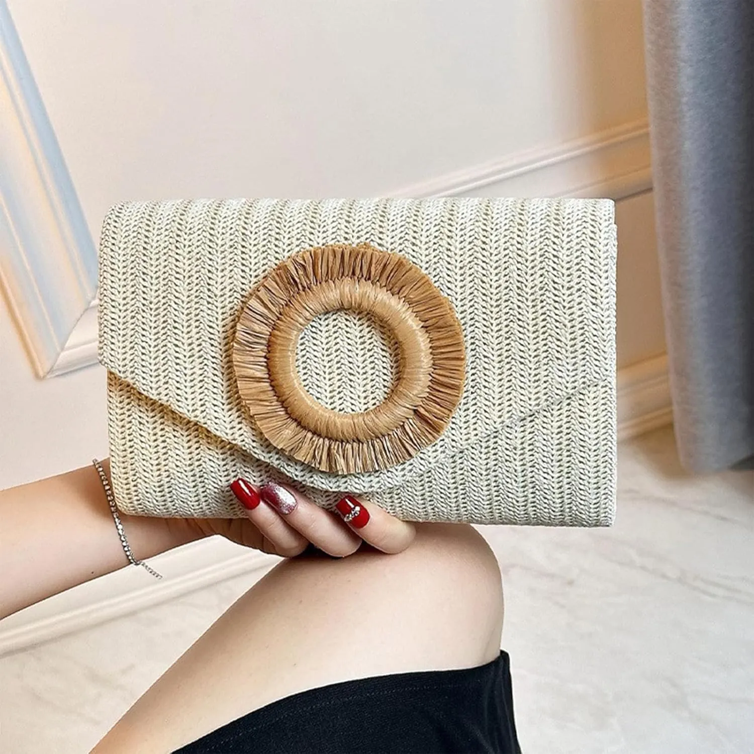 Kseymeir Straws Clutch Purses Raffia Beach Bag Woven Summer Purses Straw Crossbody Bag
