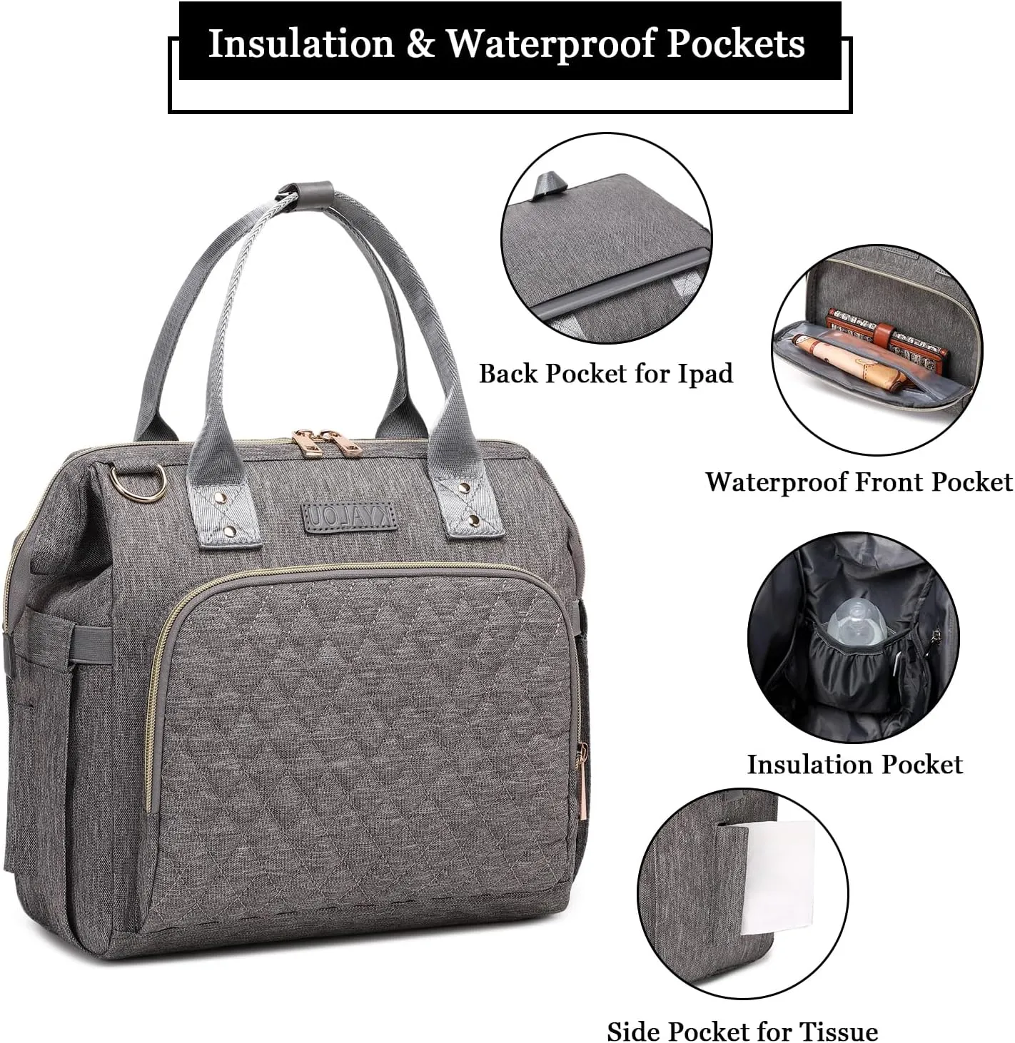 KYALOU Mini Baby Diaper Bag - Tote/Backpack/Crossbody/Shoulder (Grey)