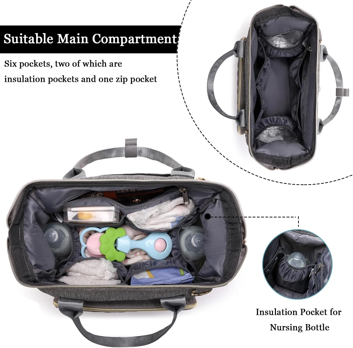 KYALOU Mini Baby Diaper Bag - Tote/Backpack/Crossbody/Shoulder (Grey)