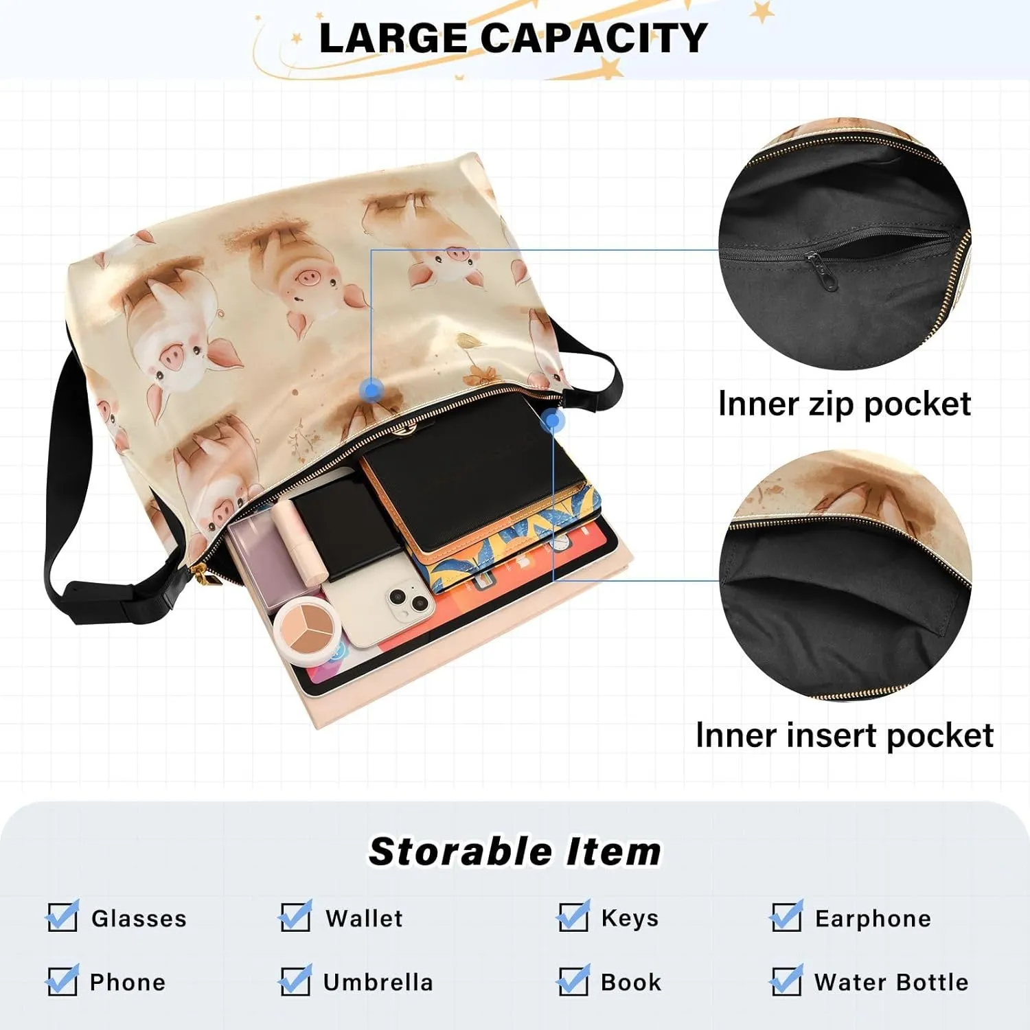 Ladies Anti Theft Crossbody Bag Waterproof Womens Crossbody Bag Cute Purse Cartoon Pet Pig Cute
