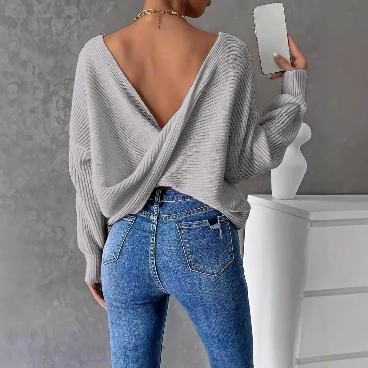 Ladies Fall Winter Fashion Sweaters Casual Long Sleeve Ribbed Knit Cropped Sweater Pullover Jumper Tops