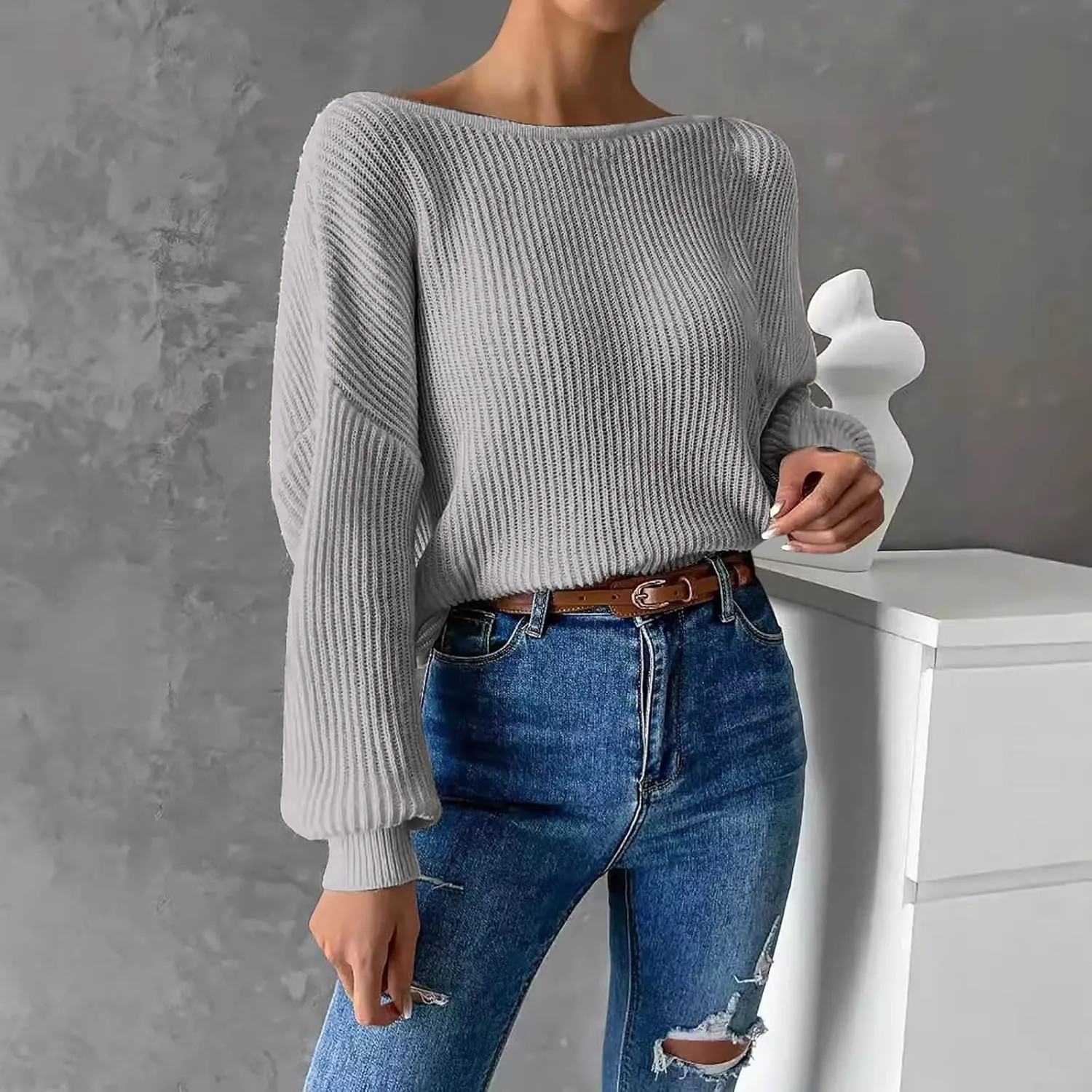 Ladies Fall Winter Fashion Sweaters Casual Long Sleeve Ribbed Knit Cropped Sweater Pullover Jumper Tops