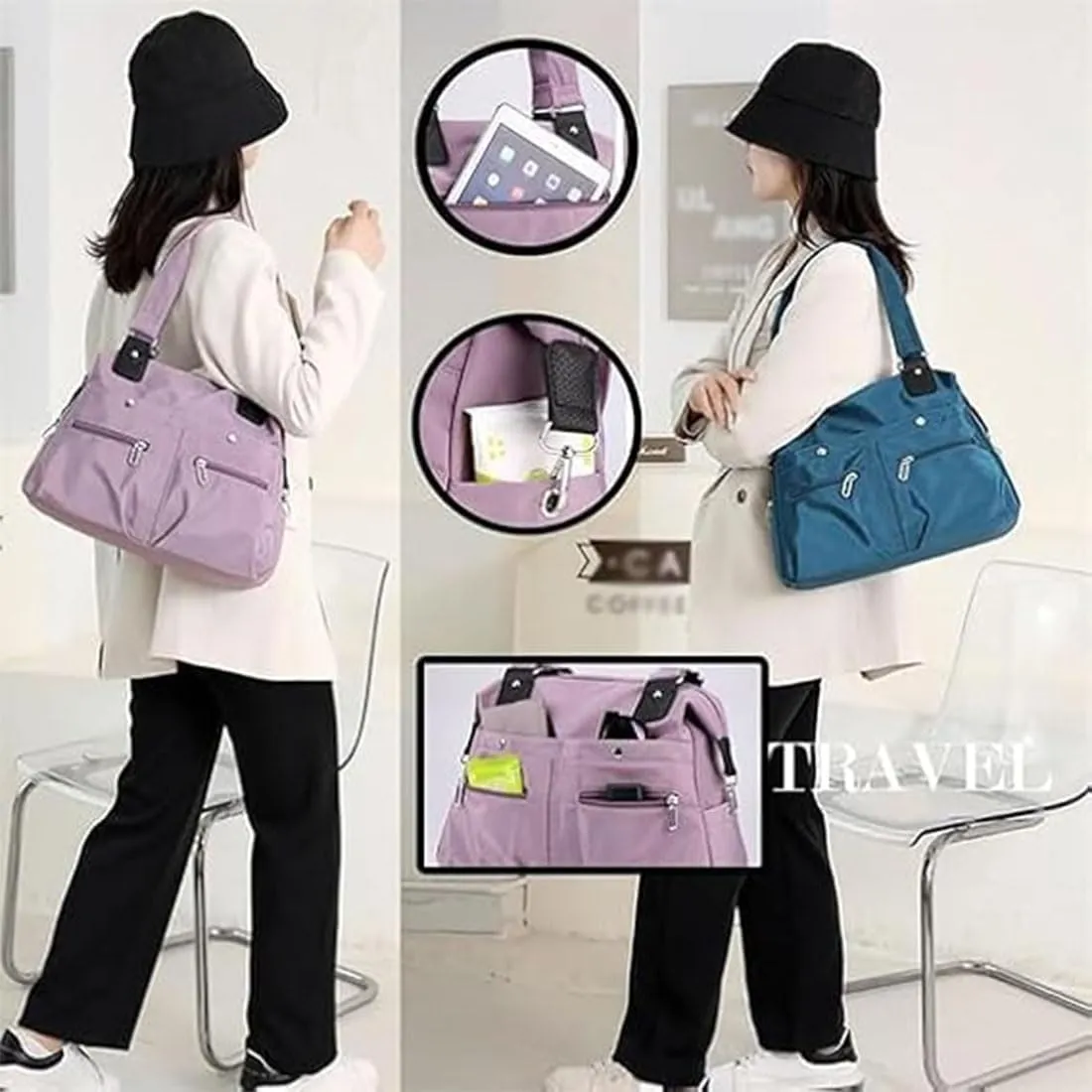 Langrents Nylon Waterproof Tote Bag, Large Capacity Waterproof Multi Pocket Shoulder Bag, Langrents Bag for Women