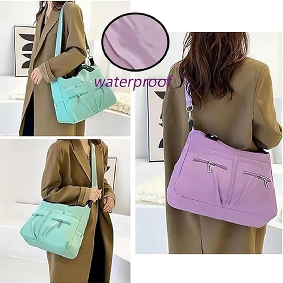 Langrents Nylon Waterproof Tote Bag, Large Capacity Waterproof Multi Pocket Shoulder Bag, Langrents Bag for Women