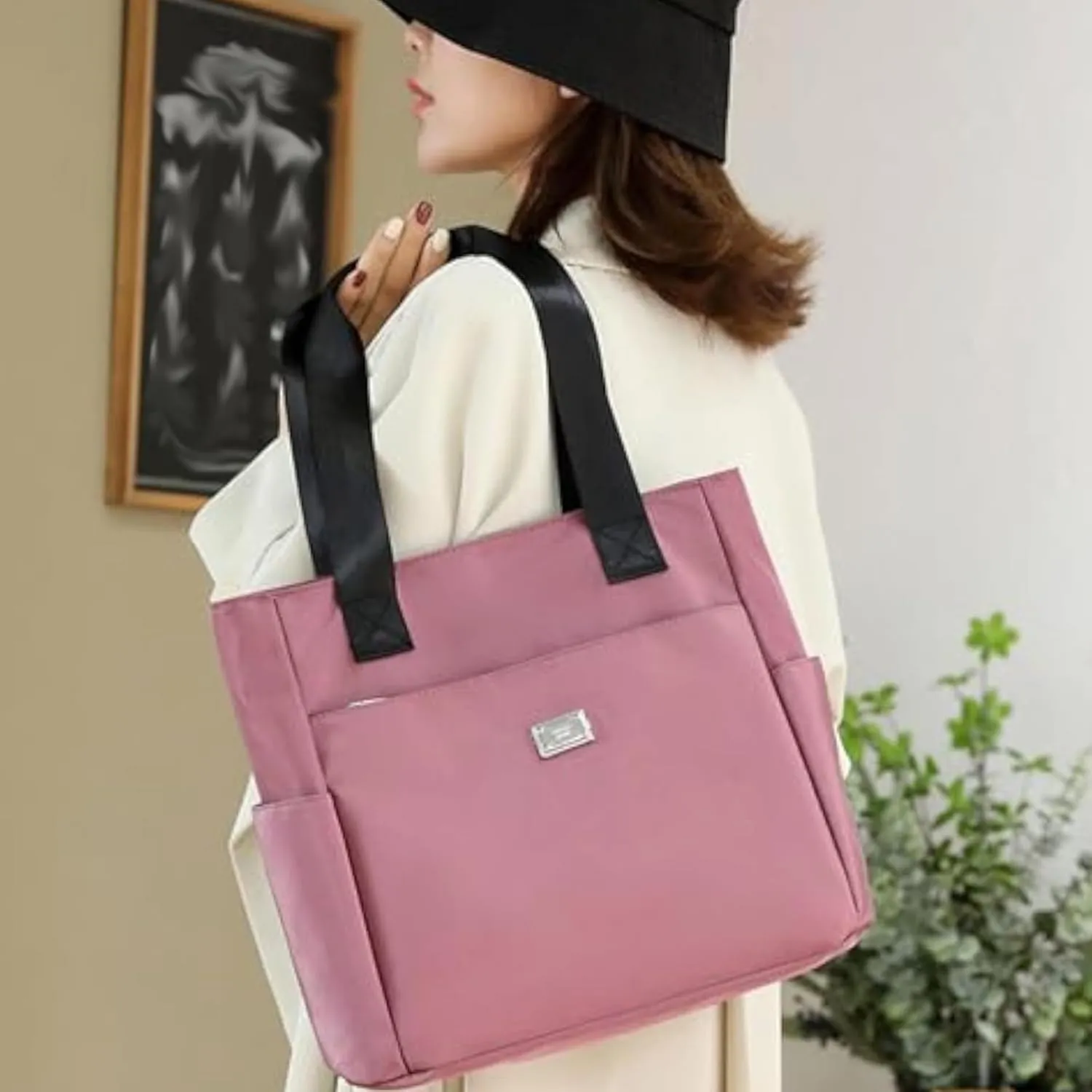 Large Capacity Water Repellent Multi Pocket Nylon Shoulder Bag, Women Tote Purse Zipper Nylon Handbag
