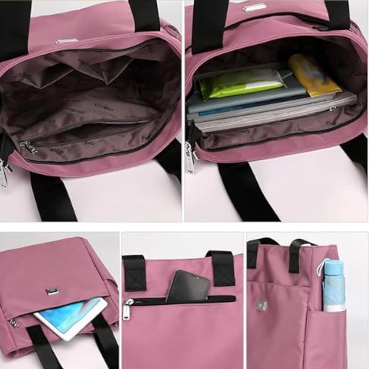 Large Capacity Water Repellent Multi Pocket Nylon Shoulder Bag, Women Tote Purse Zipper Nylon Handbag