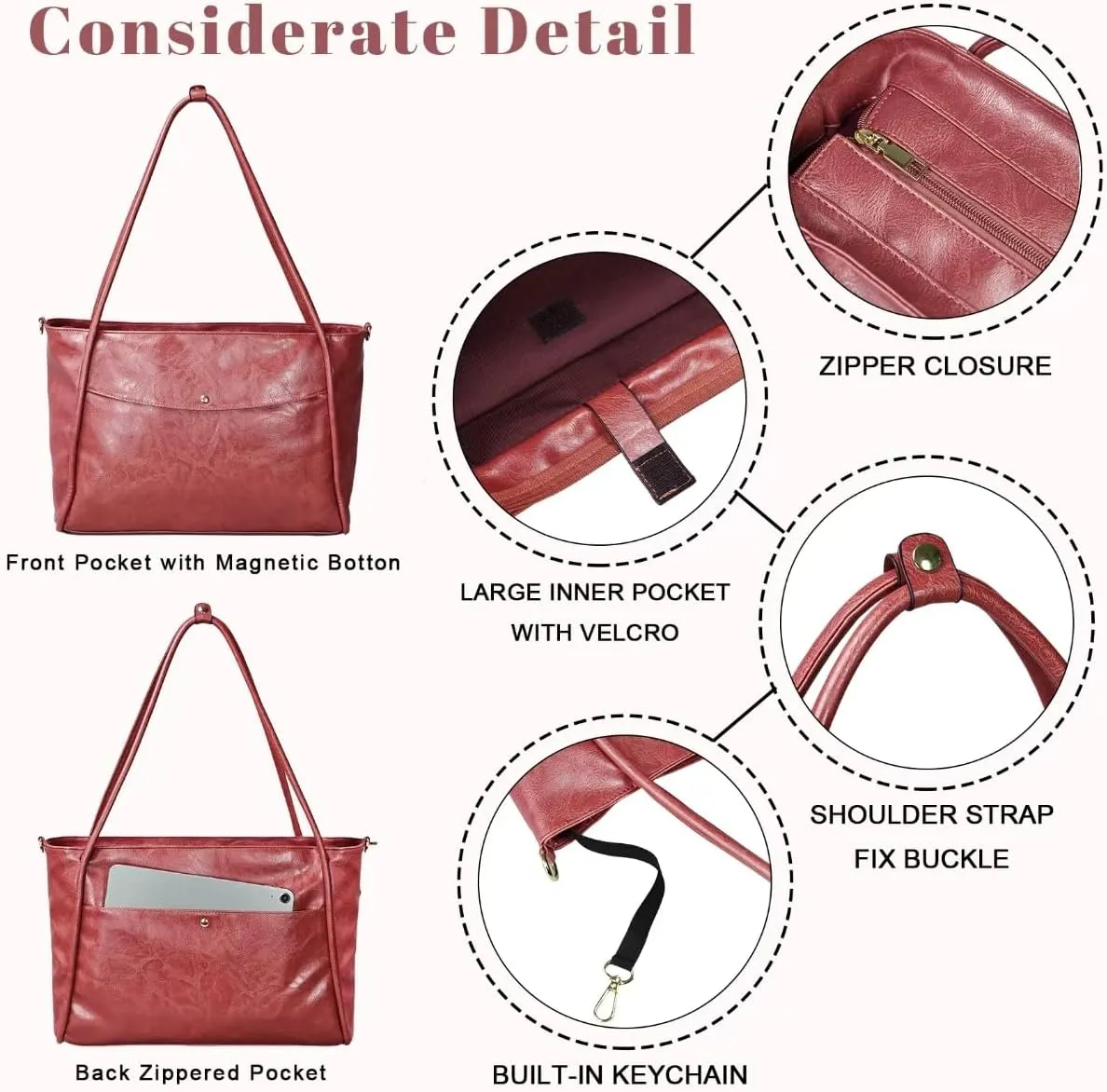 Large Tote Bag for Women Work Vegan Leather Weekender Bag with Zipper Oversize Travel Purses and Handbags