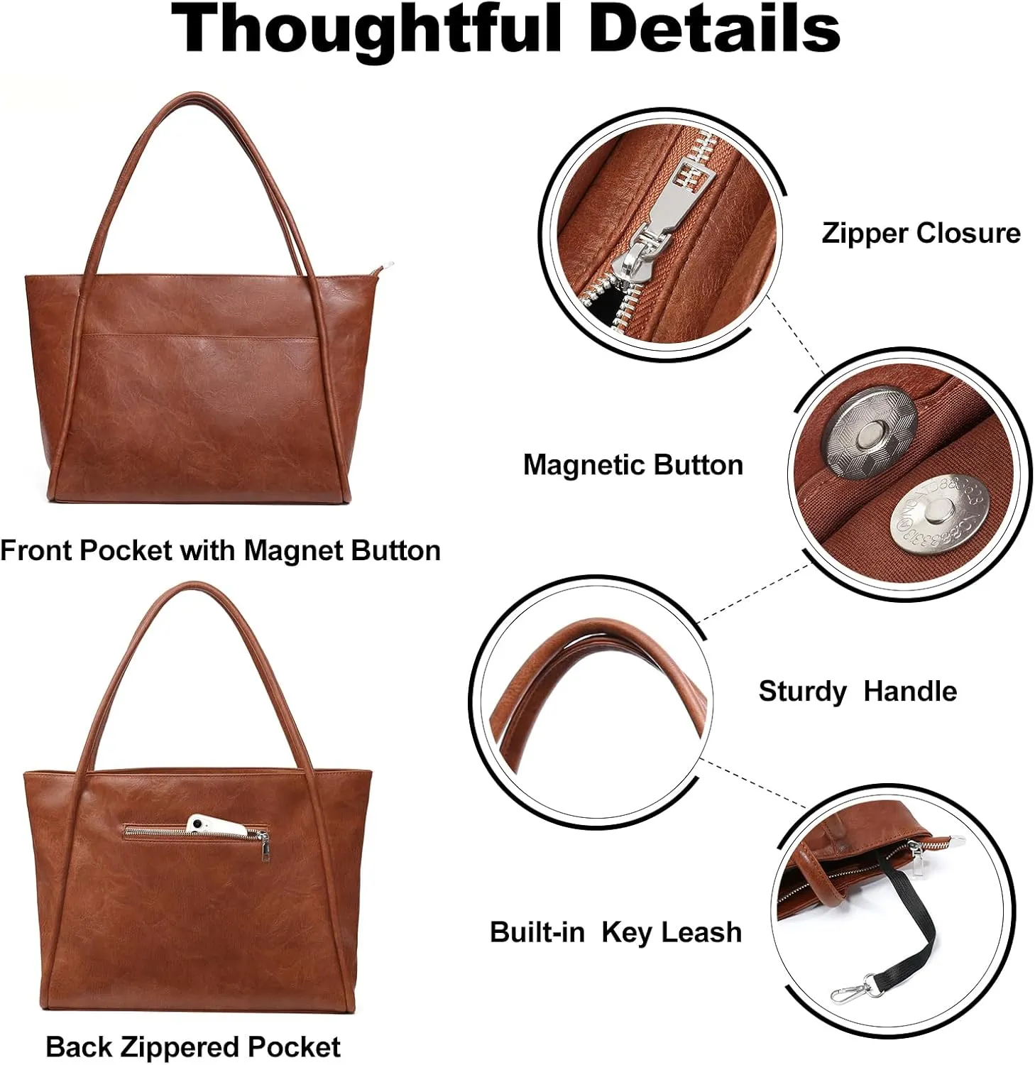 Large Tote Bag for Women Work with Zipper 16L Vegan Leather Ladies Travel Purses and Handbags