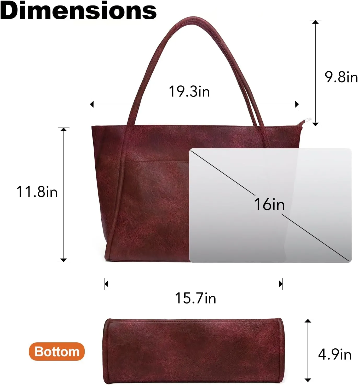 Large Tote Bag for Women Work with Zipper 16L Vegan Leather Ladies Travel Purses and Handbags