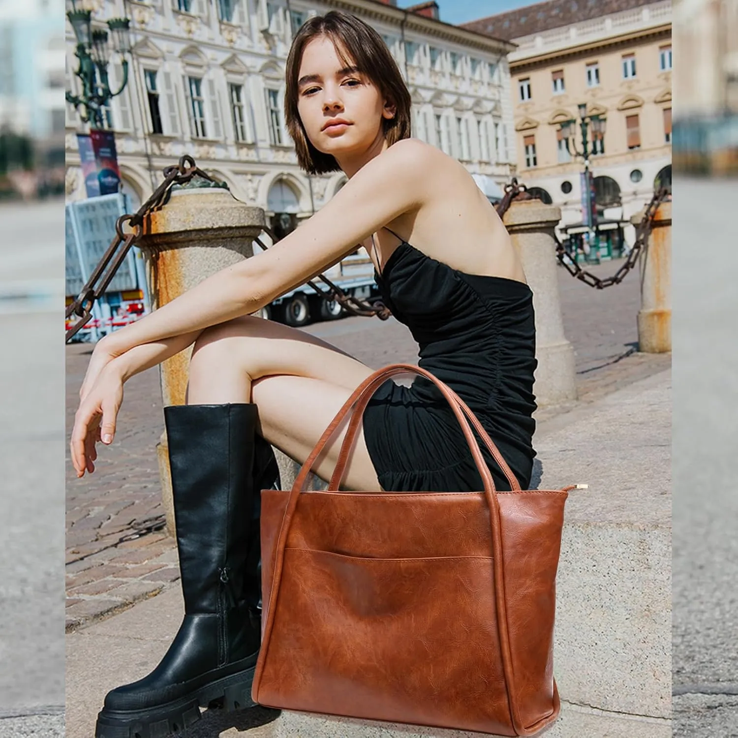Large Tote Bag for Women Work with Zipper 16L Vegan Leather Ladies Travel Purses and Handbags