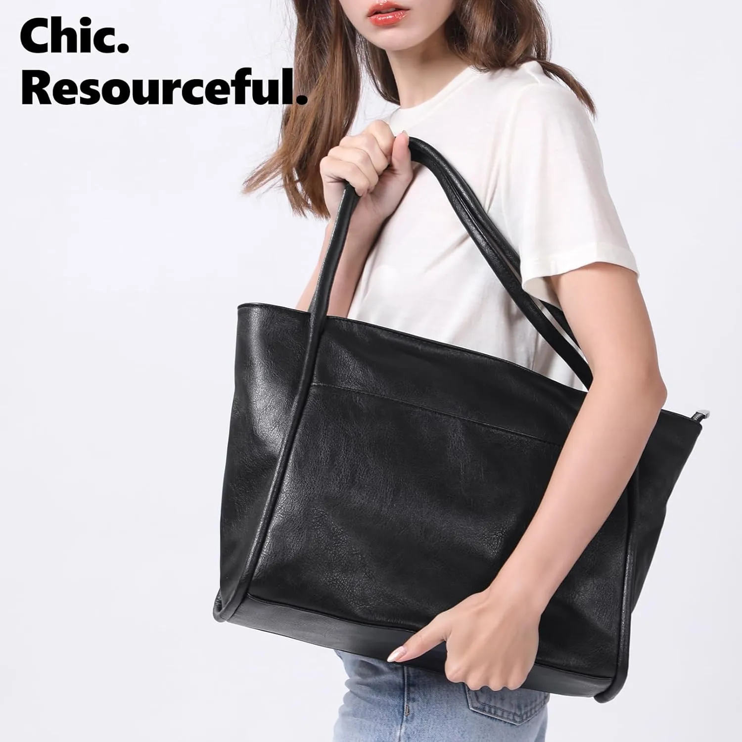 Large Tote Bag for Women Work with Zipper 16L Vegan Leather Ladies Travel Purses and Handbags