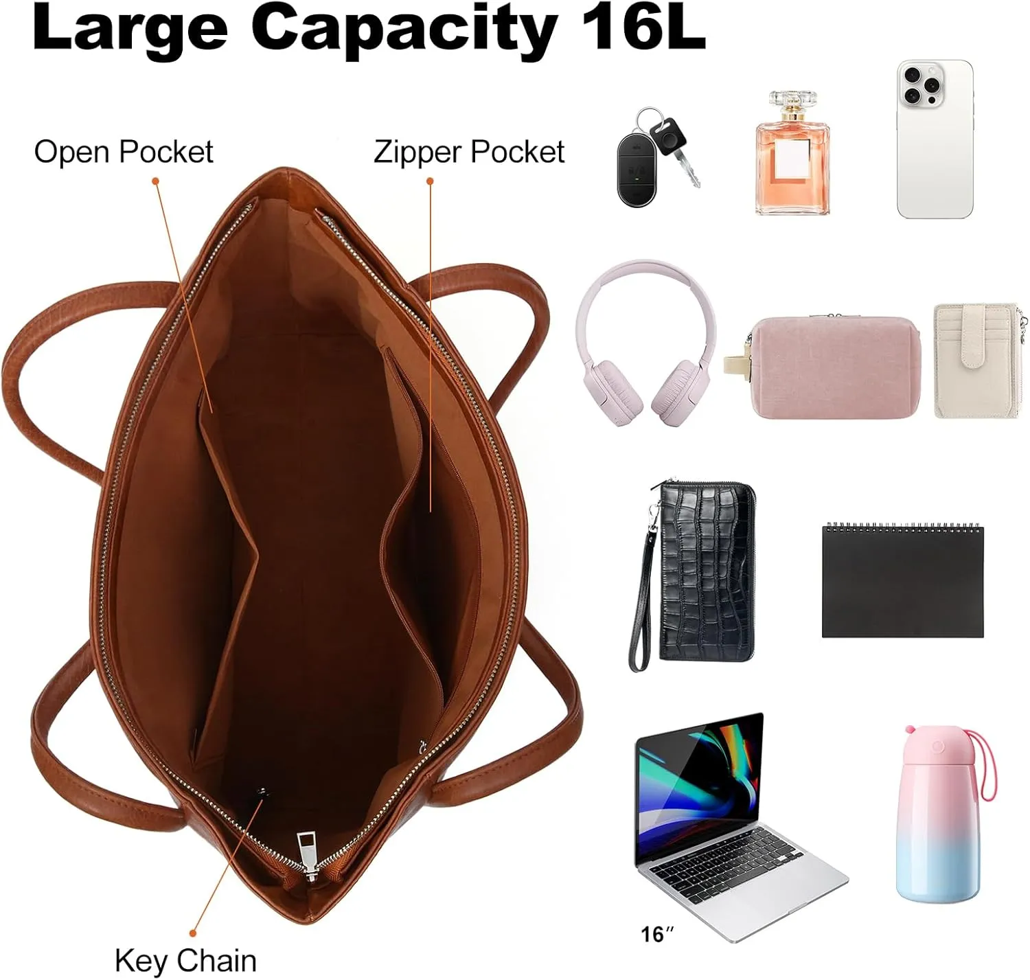 Large Tote Bag for Women Work with Zipper 16L Vegan Leather Ladies Travel Purses and Handbags