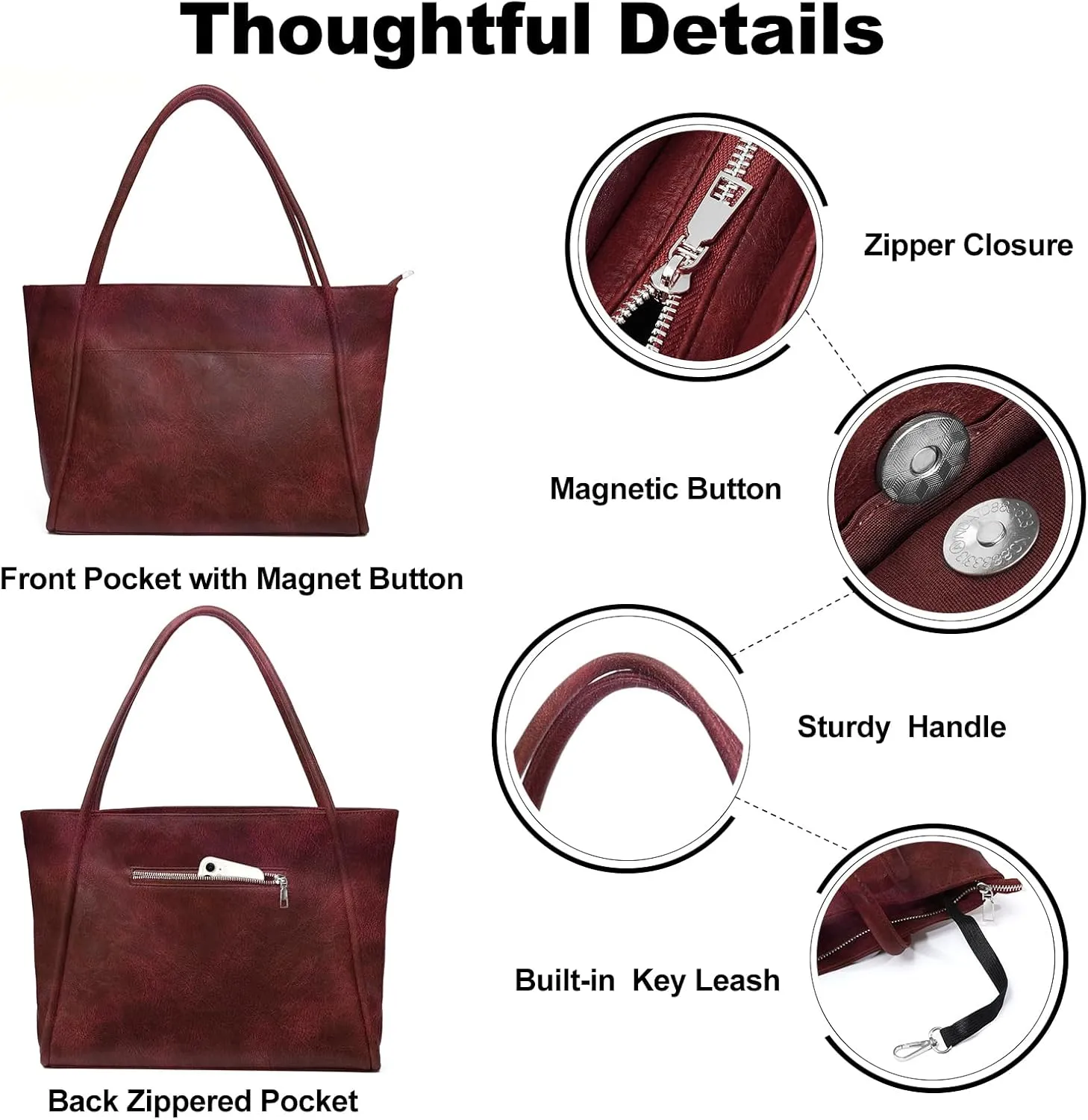 Large Tote Bag for Women Work with Zipper 16L Vegan Leather Ladies Travel Purses and Handbags