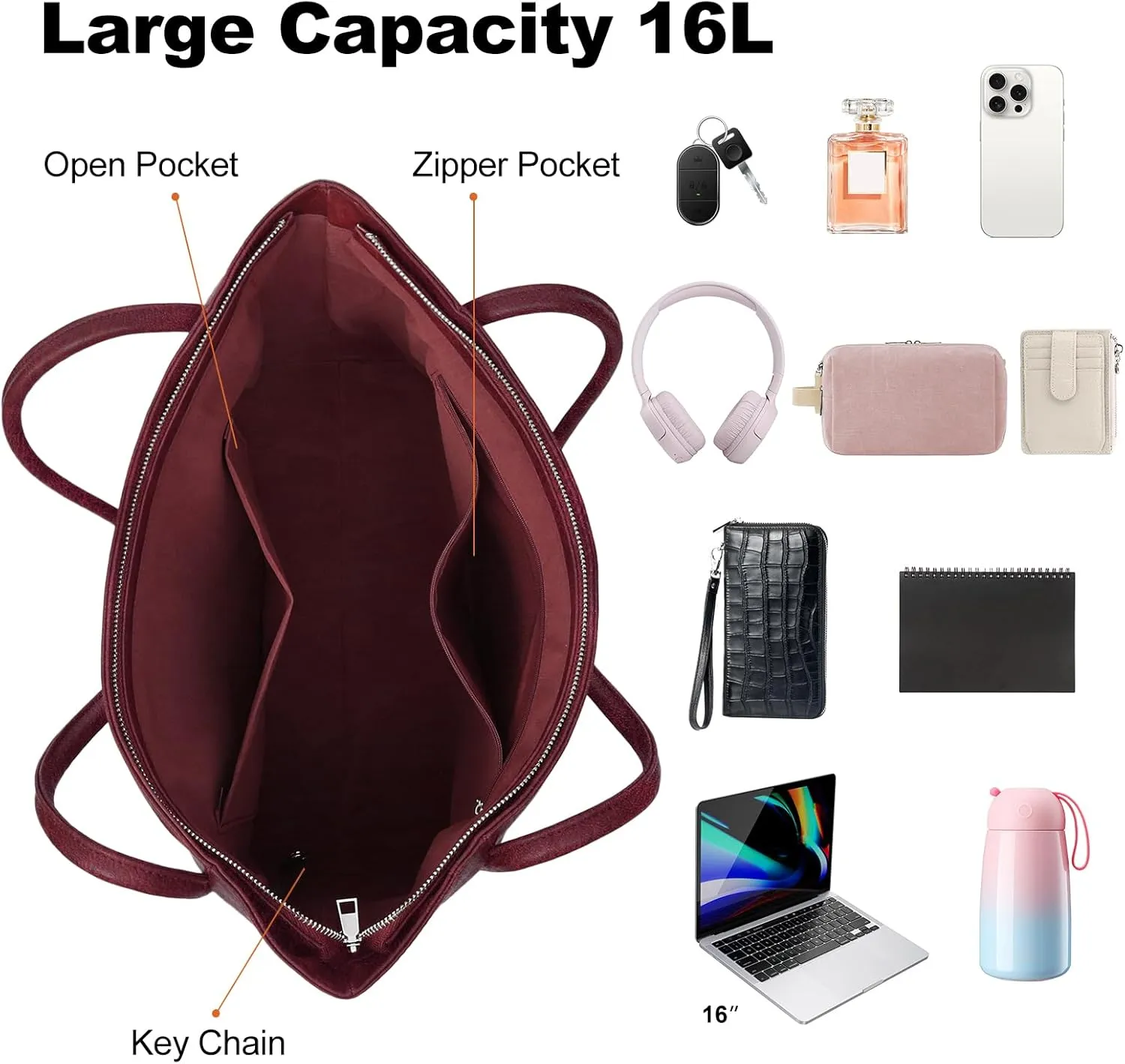 Large Tote Bag for Women Work with Zipper 16L Vegan Leather Ladies Travel Purses and Handbags