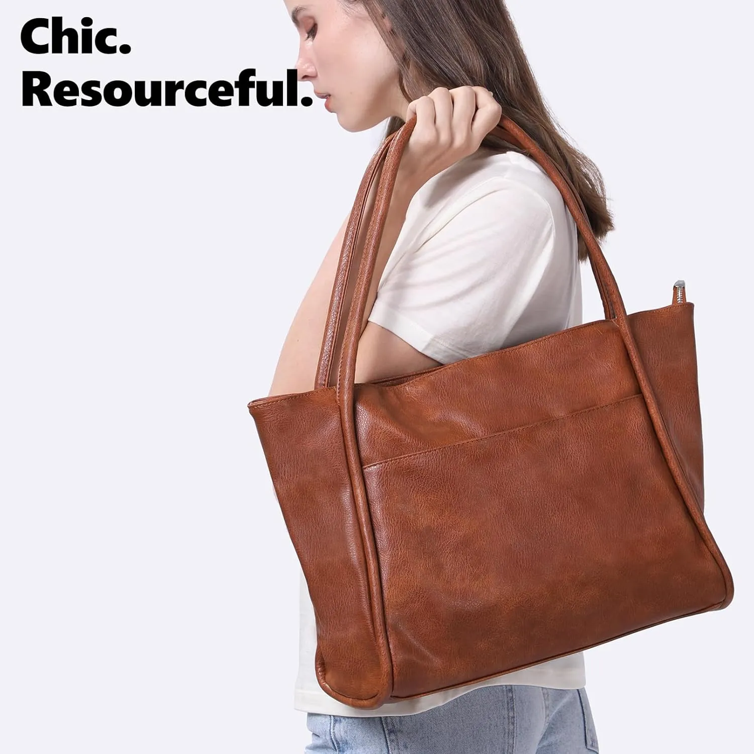 Large Tote Bag for Women Work with Zipper 16L Vegan Leather Ladies Travel Purses and Handbags