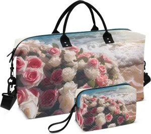Large Travel Duffel Bag Sports Tote Gym Bag Overnight Weekender Bags Pink Rose Coast Carry On Luggage with Toiletry Bags