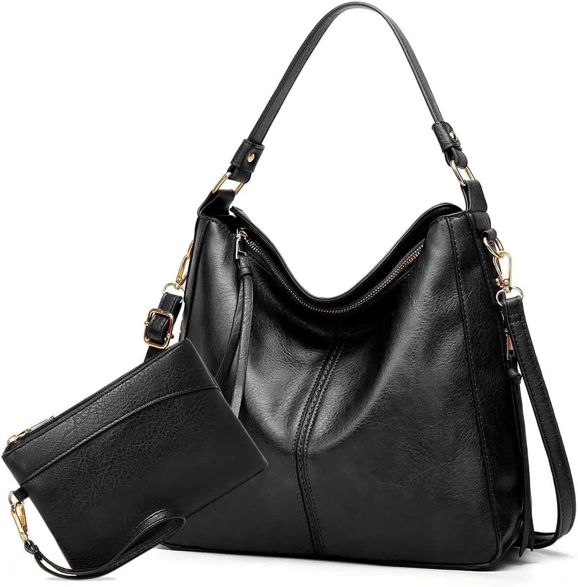 Large Trendy Designer Hobo Tote Bag for Women, Soft Leather Crossbody Shoulder Handbag, Purse and Wallet Set Black Brown